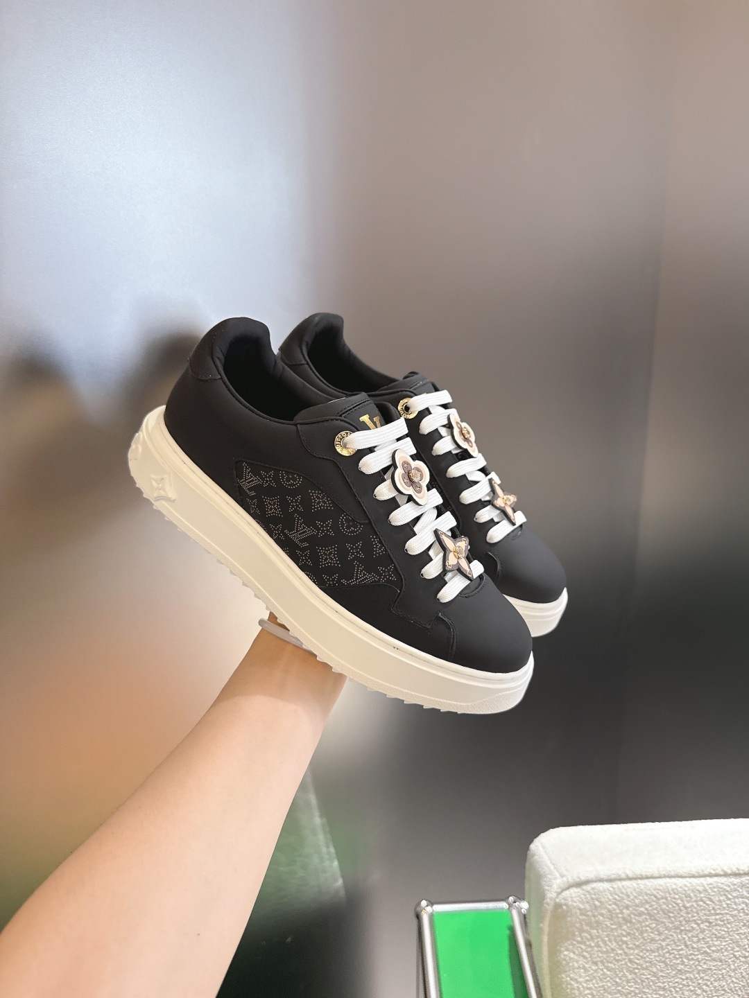 Louis Vuitton Time Out Black Leather Monogram Flower Sneakers