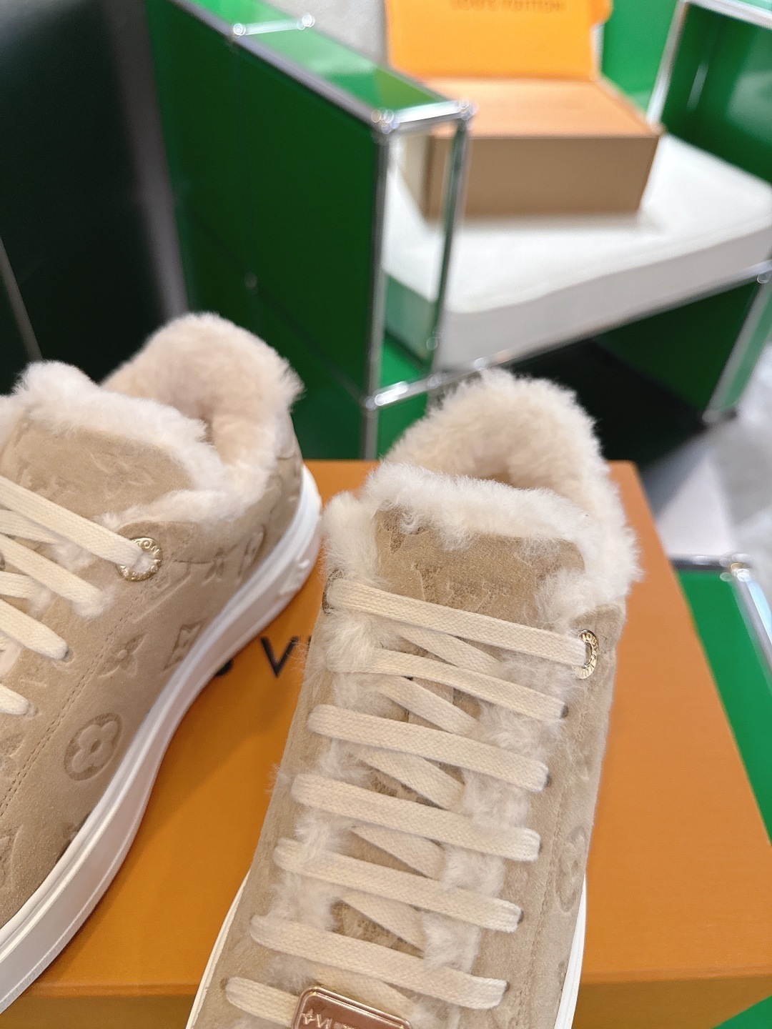 Louis Vuitton Monogram Shearling Sneakers - Luxury Beige Suede