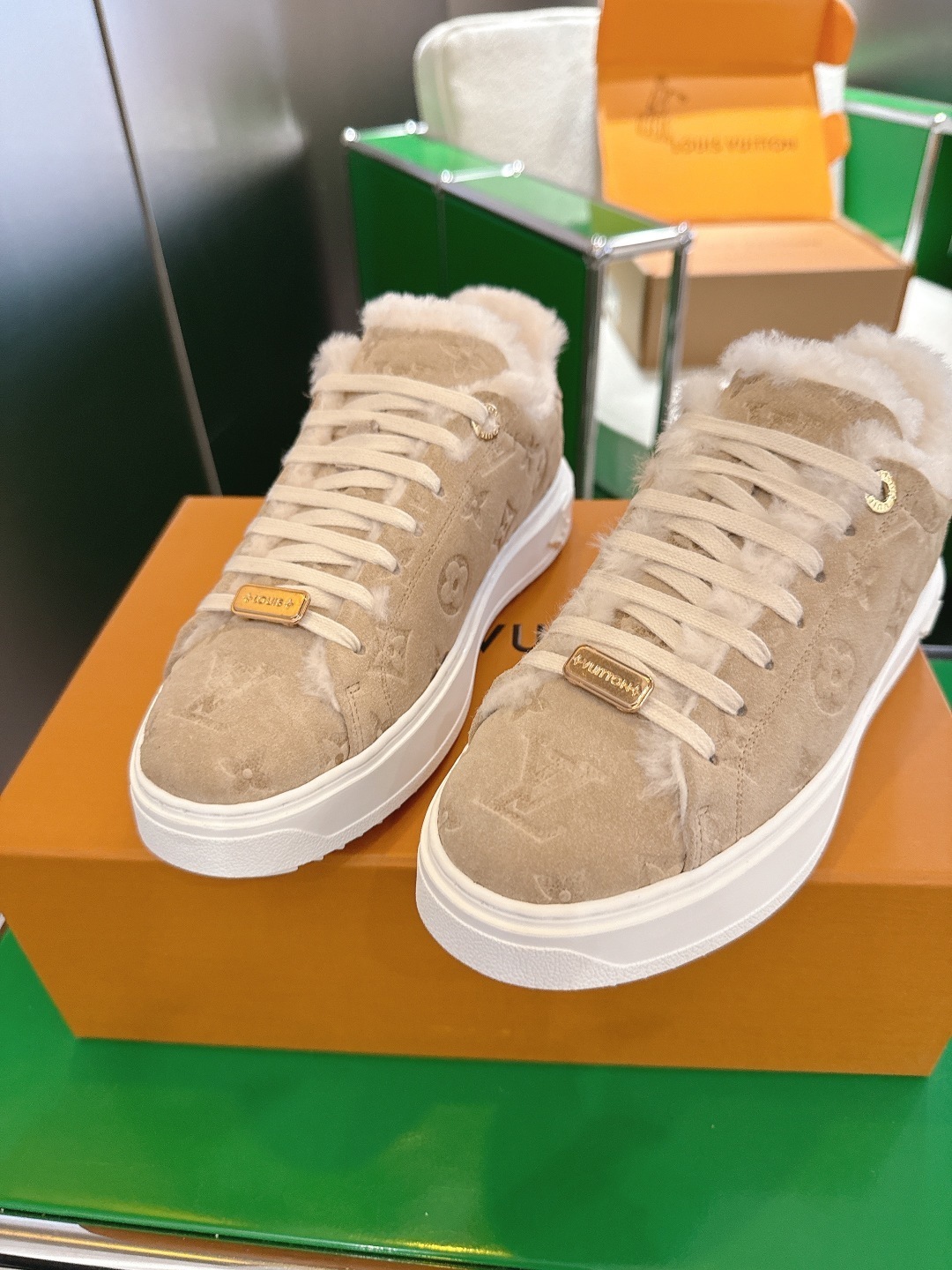 Louis Vuitton Monogram Shearling Sneakers - Luxury Beige Suede