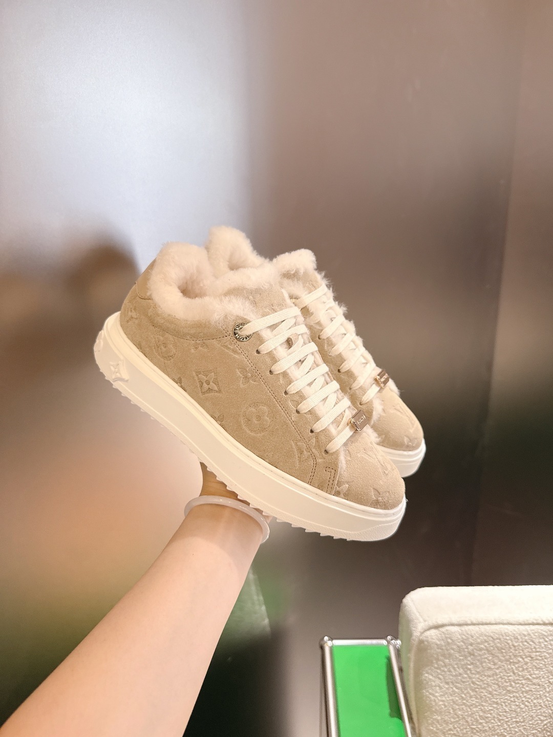 Louis Vuitton Monogram Shearling Sneakers - Luxury Beige Suede