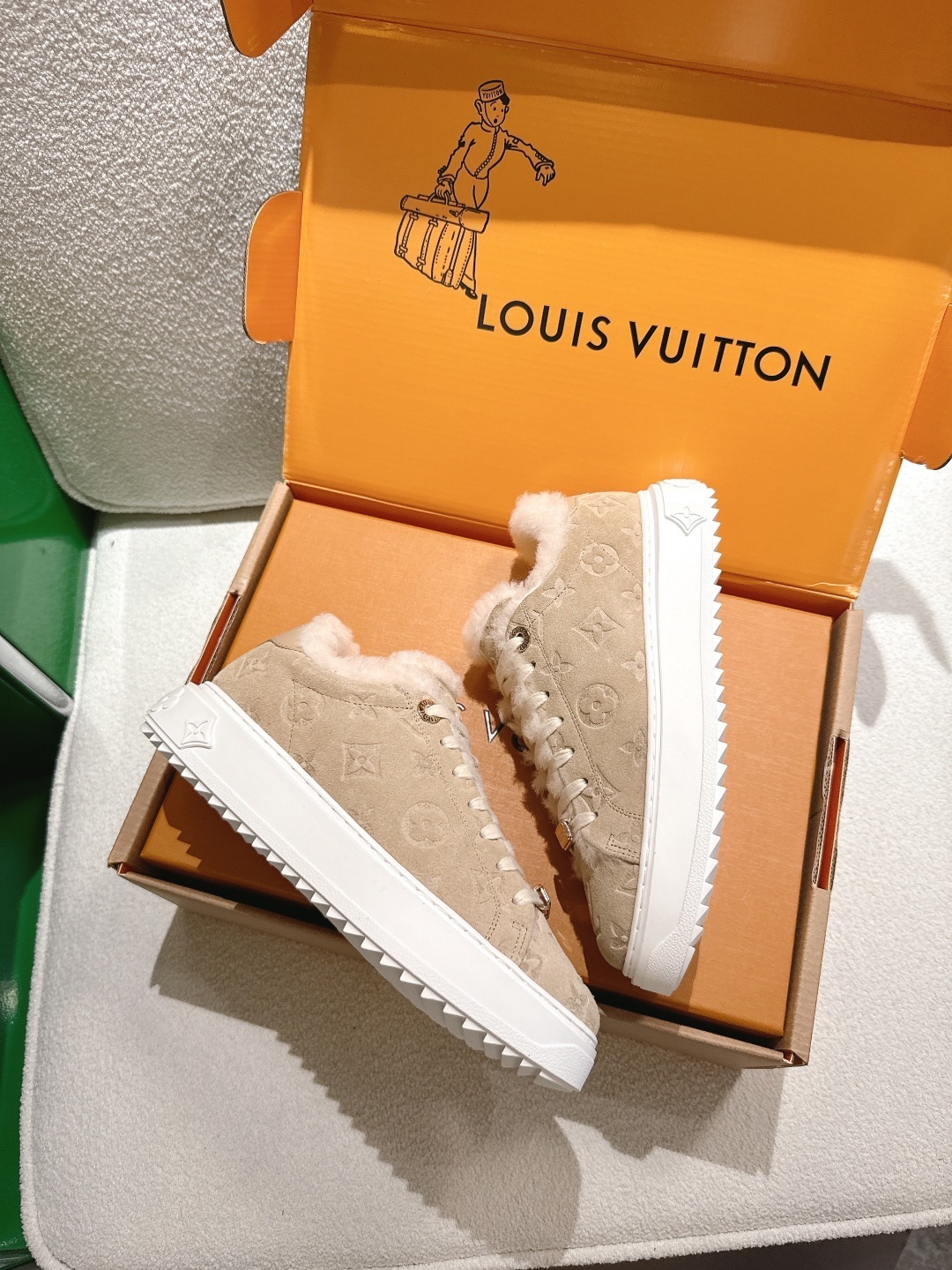 Louis Vuitton Monogram Shearling Sneakers - Luxury Beige Suede