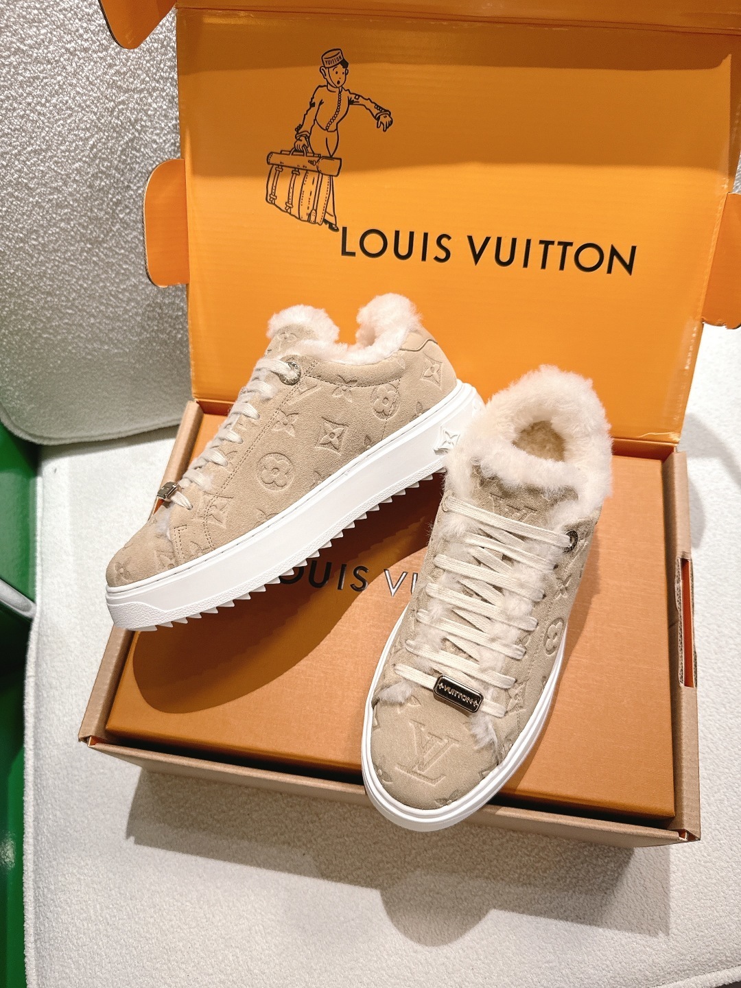 Louis Vuitton Monogram Shearling Sneakers - Luxury Beige Suede