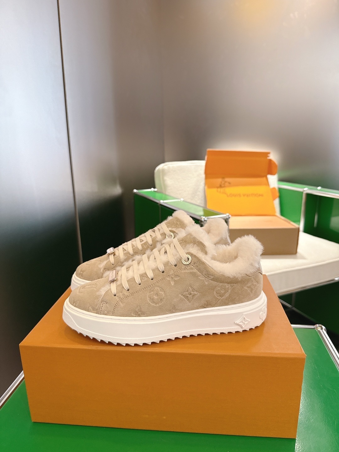 Louis Vuitton Monogram Shearling Sneakers - Luxury Beige Suede