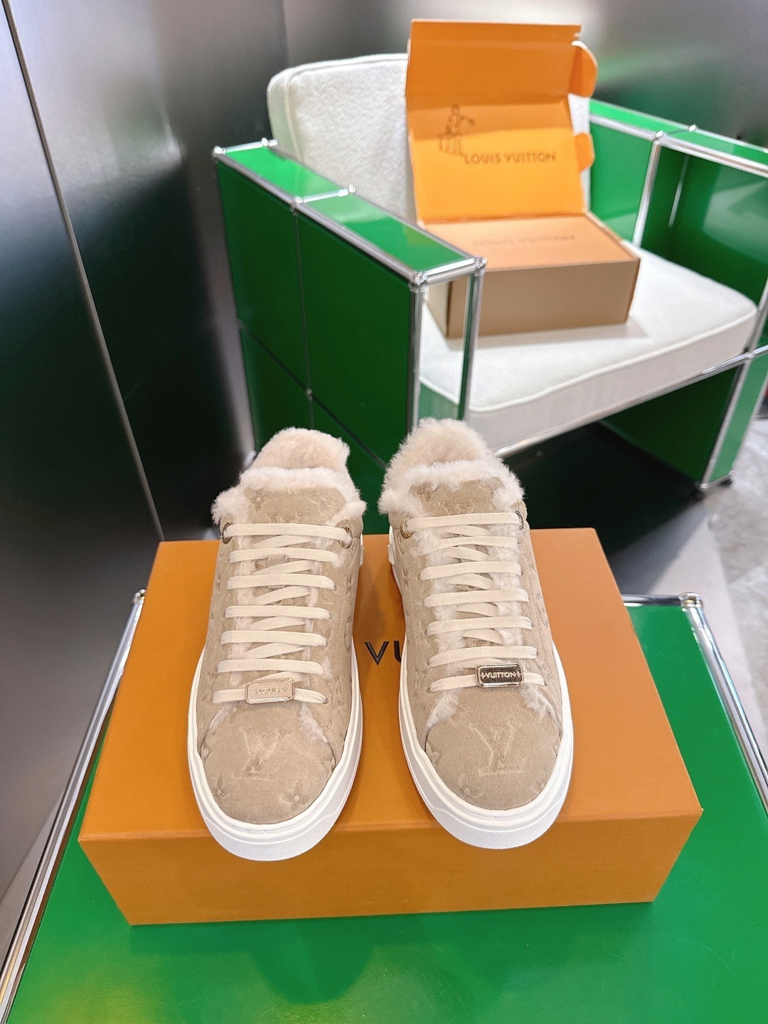 Louis Vuitton Monogram Shearling Sneakers – Luxury Beige Suede