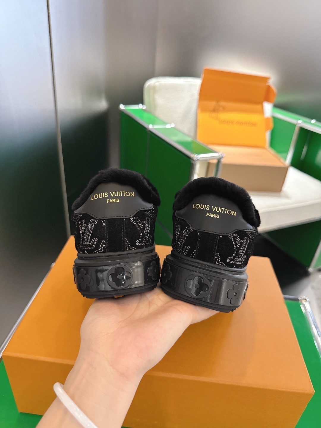 Louis Vuitton Black Monogram Shearling Fur-Lined Sneakers