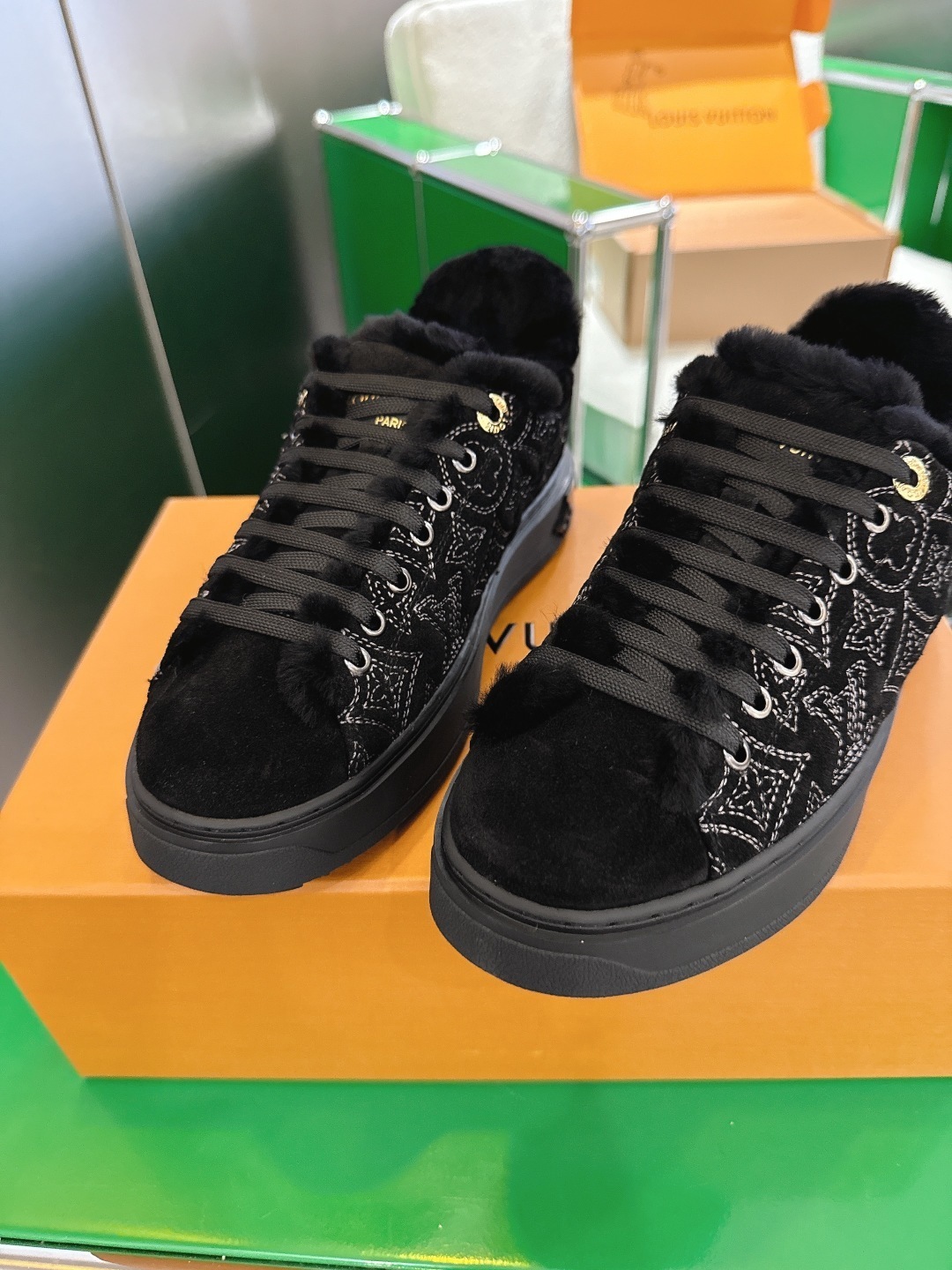 Louis Vuitton Black Monogram Shearling Fur-Lined Sneakers