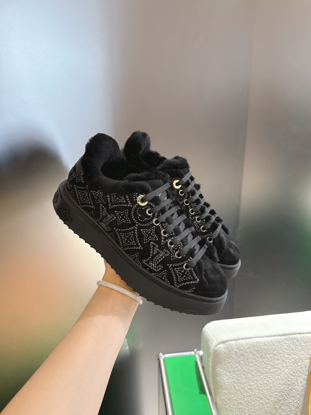 Louis Vuitton Black Monogram Shearling Fur-Lined Sneakers