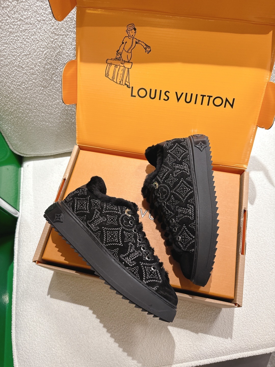 Louis Vuitton Black Monogram Shearling Fur-Lined Sneakers