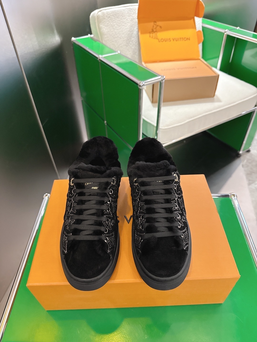 Louis Vuitton Black Monogram Shearling Fur-Lined Sneakers