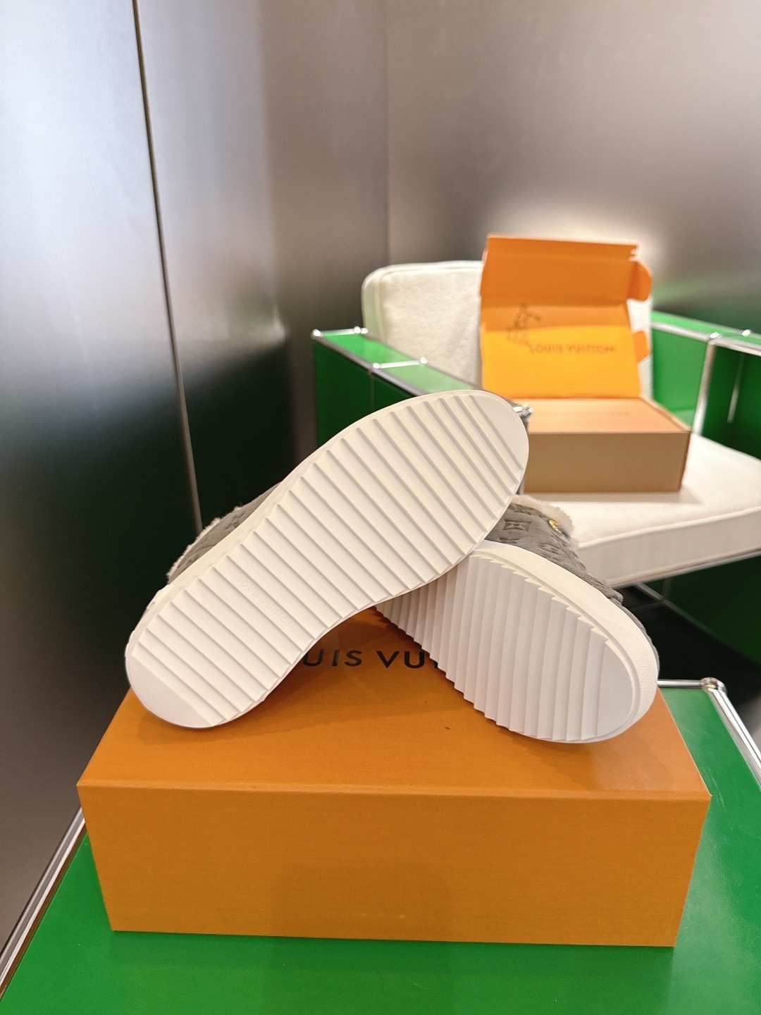 Louis Vuitton Monogram Suede Shearling Sneakers - Grey