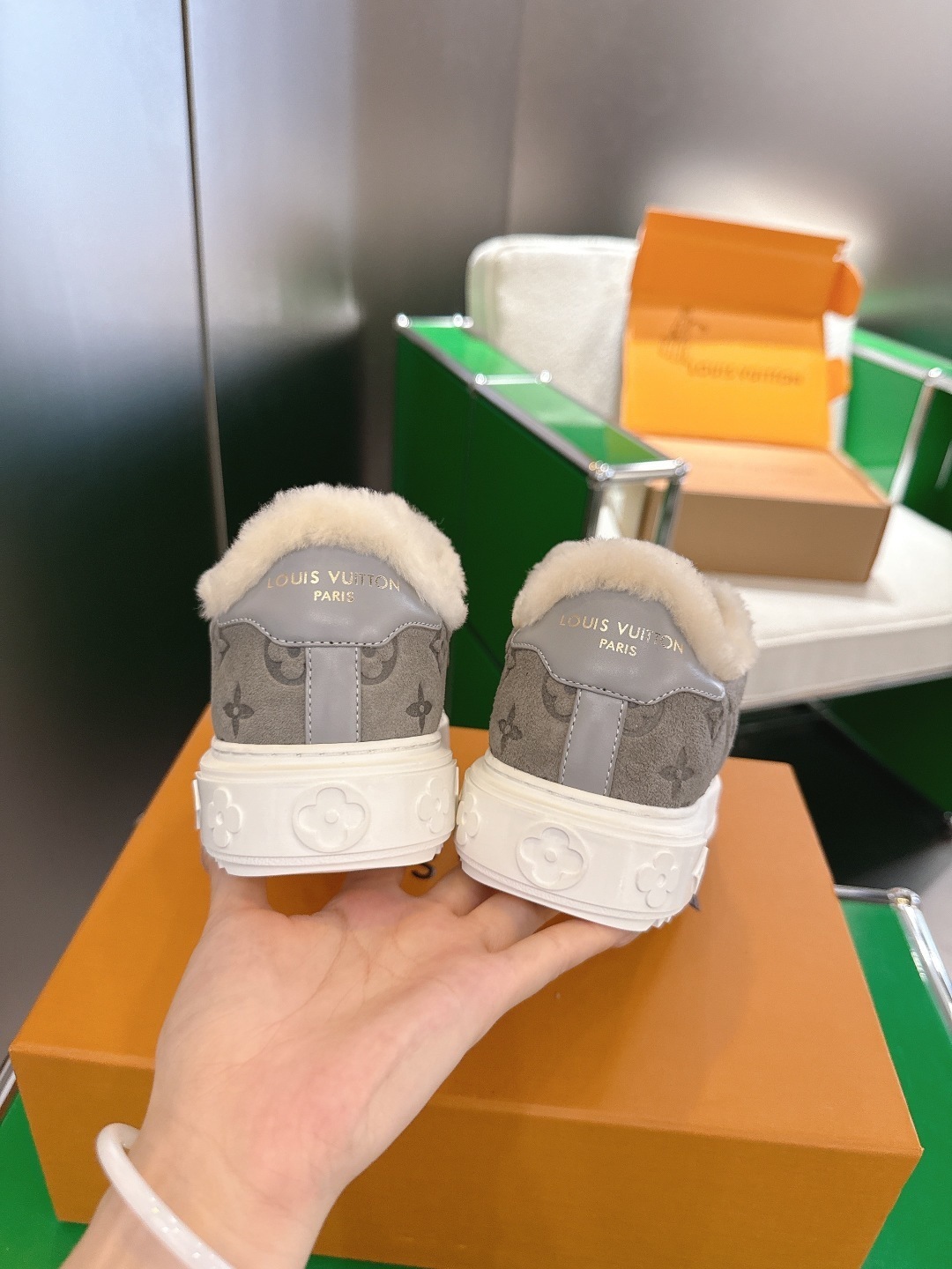 Louis Vuitton Monogram Suede Shearling Sneakers - Grey