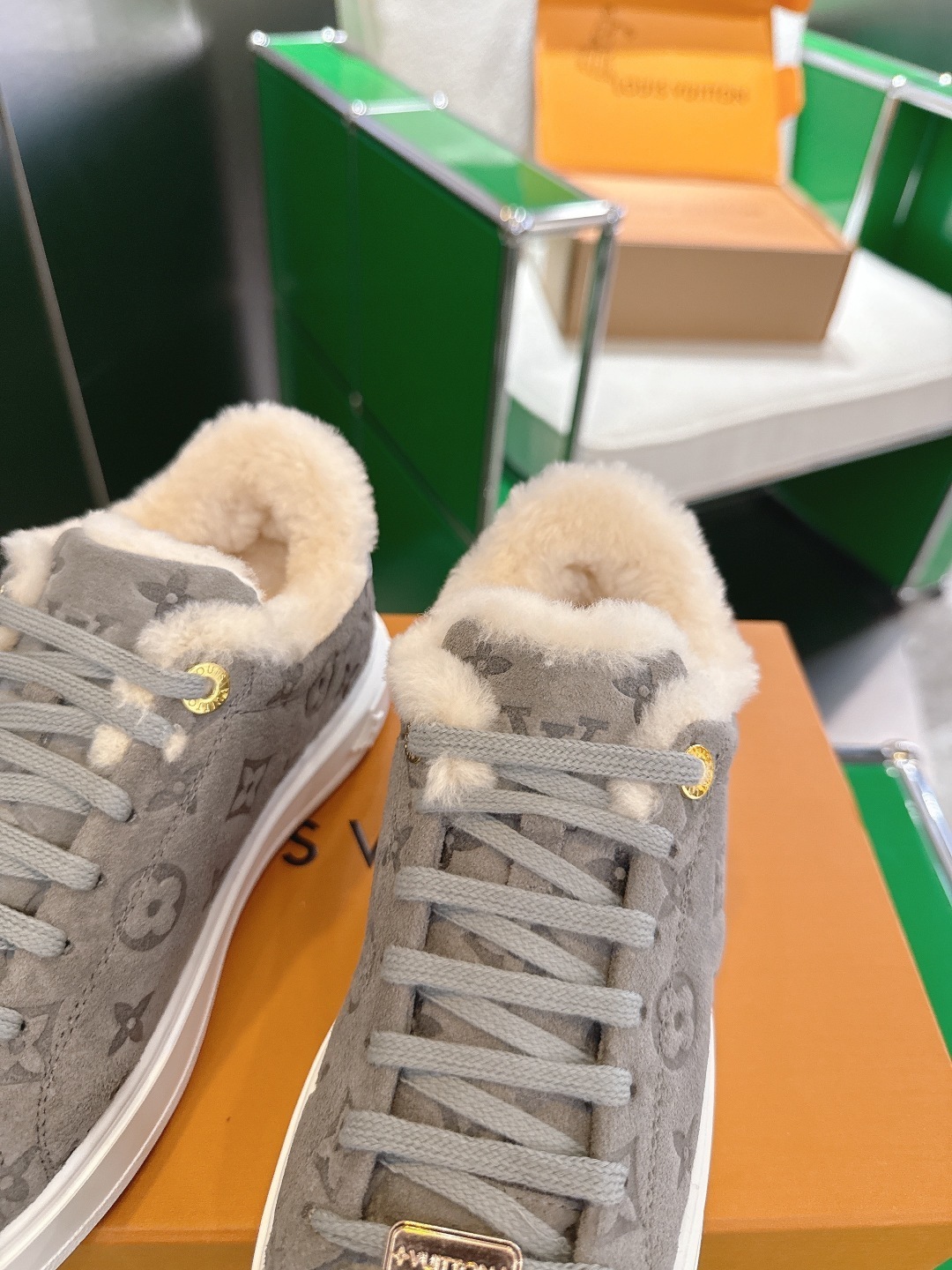 Louis Vuitton Monogram Suede Shearling Sneakers - Grey