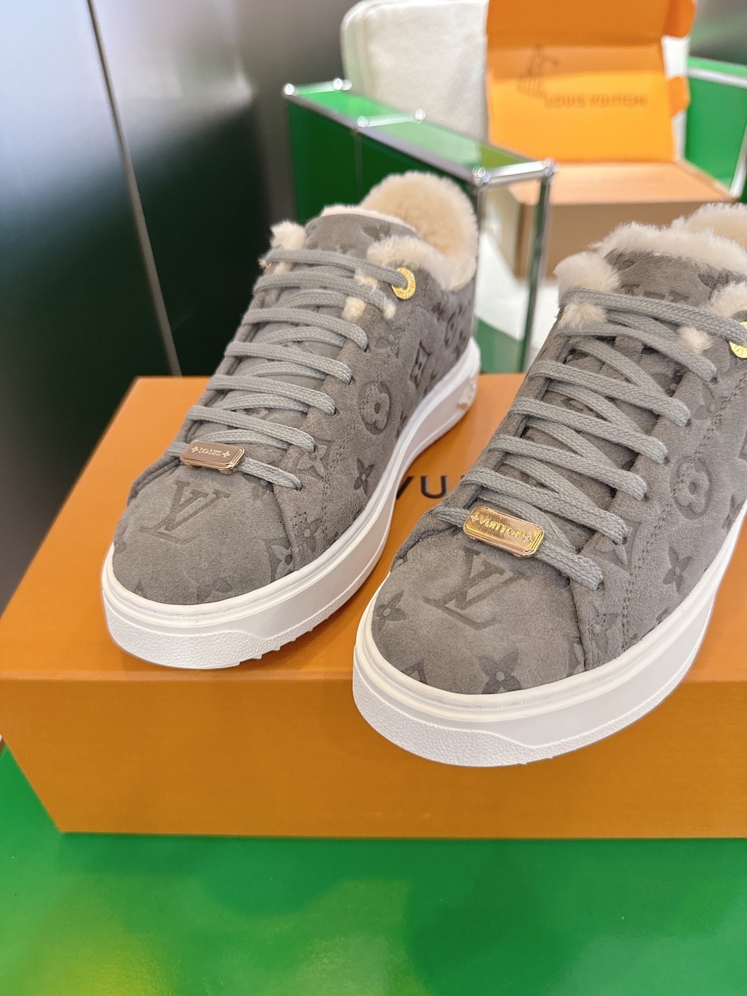 Louis Vuitton Monogram Suede Shearling Sneakers - Grey