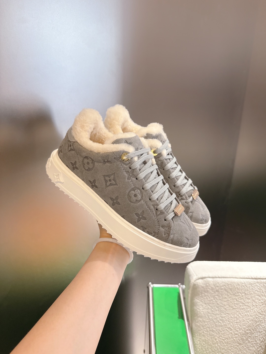 Louis Vuitton Monogram Suede Shearling Sneakers - Grey