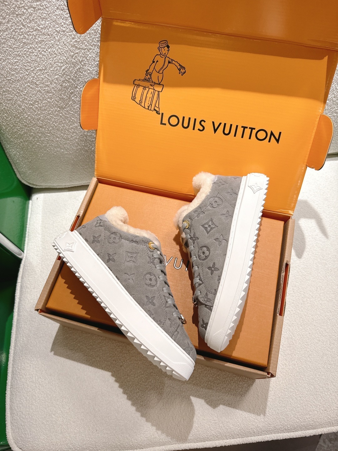 Louis Vuitton Monogram Suede Shearling Sneakers - Grey