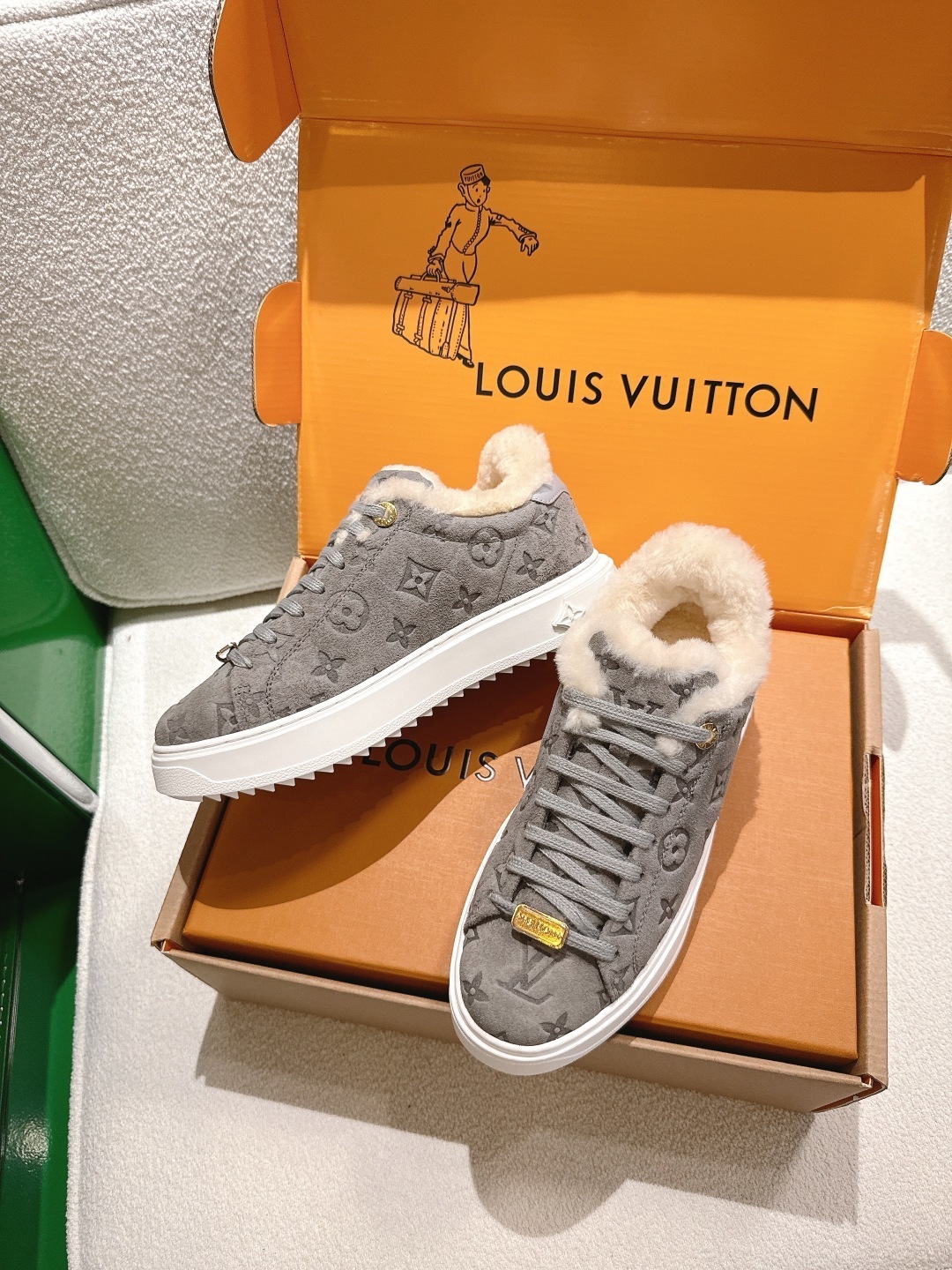 Louis Vuitton Monogram Suede Shearling Sneakers - Grey