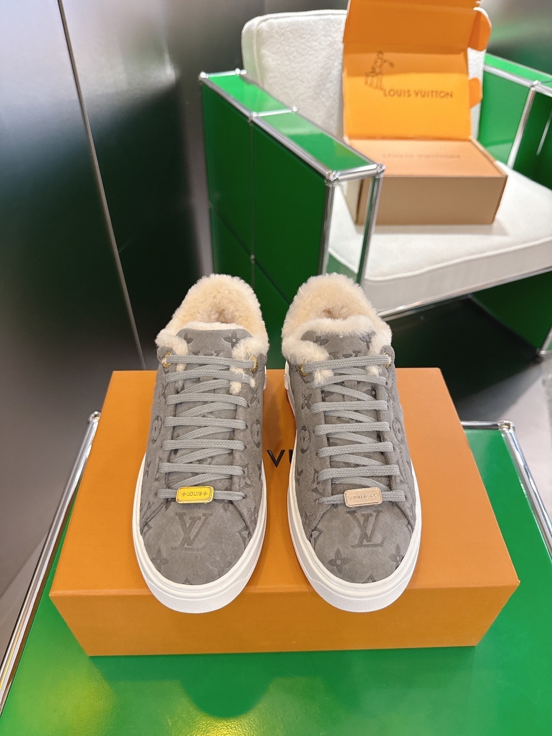 Louis Vuitton Monogram Suede Shearling Sneakers – Grey