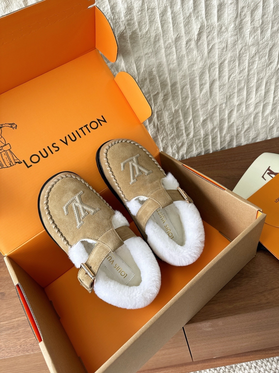 Louis Vuitton Shearling Lined Suede Mules - Luxury Tan Comfort Shoes