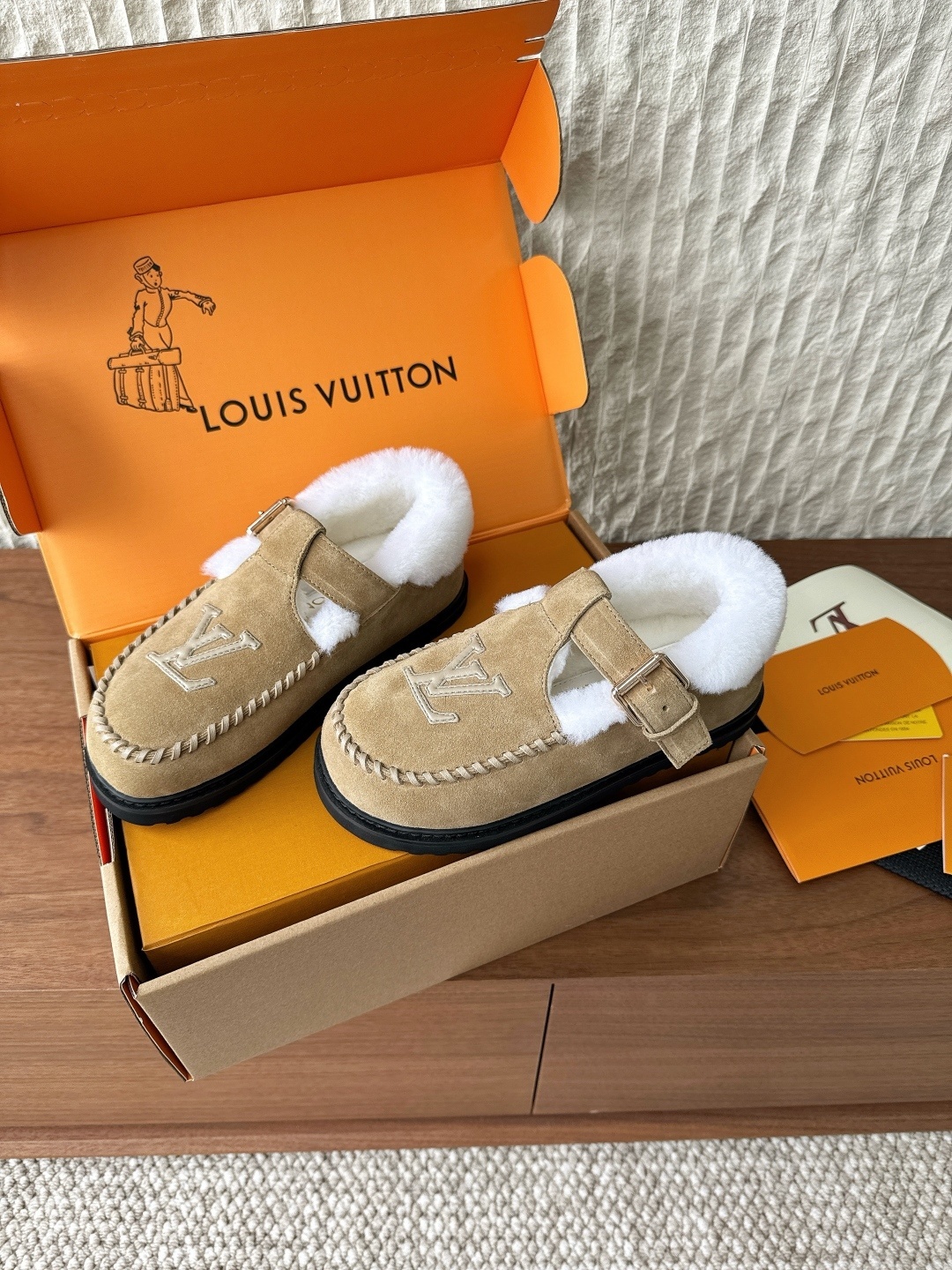 Louis Vuitton Shearling Lined Suede Mules - Luxury Tan Comfort Shoes