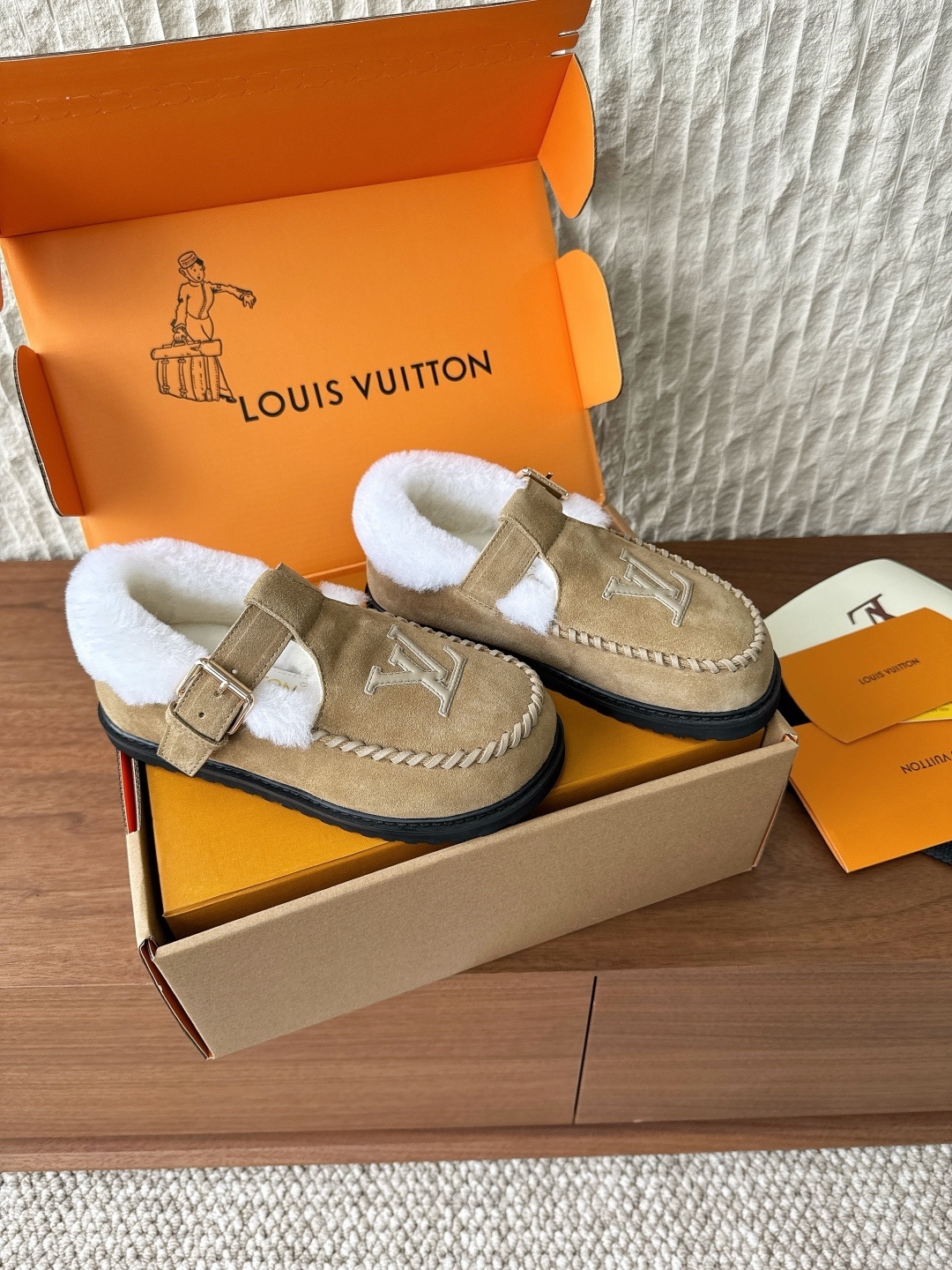 Louis Vuitton Shearling Lined Suede Mules - Luxury Tan Comfort Shoes