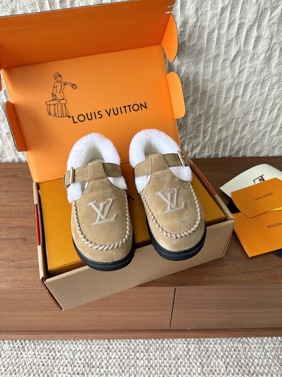 Louis Vuitton Shearling Lined Suede Mules – Luxury Tan Comfort Shoes