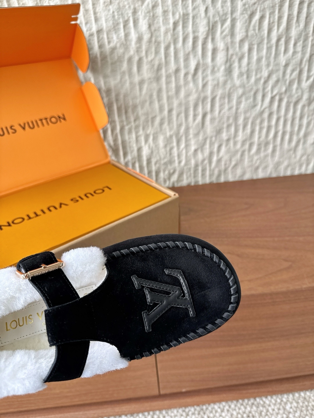 Louis Vuitton Black Suede Shearling Mules with LV Logo