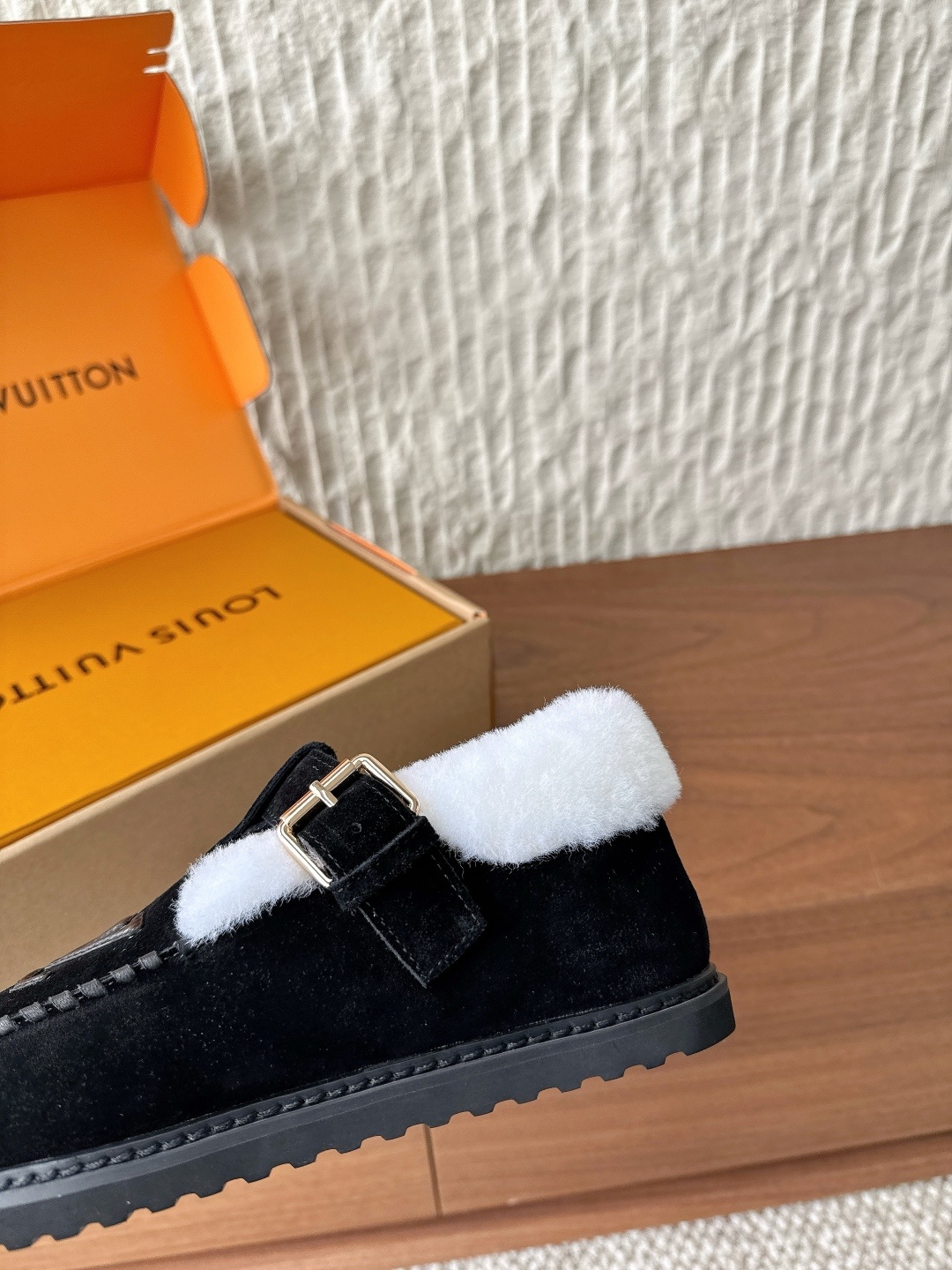 Louis Vuitton Black Suede Shearling Mules with LV Logo