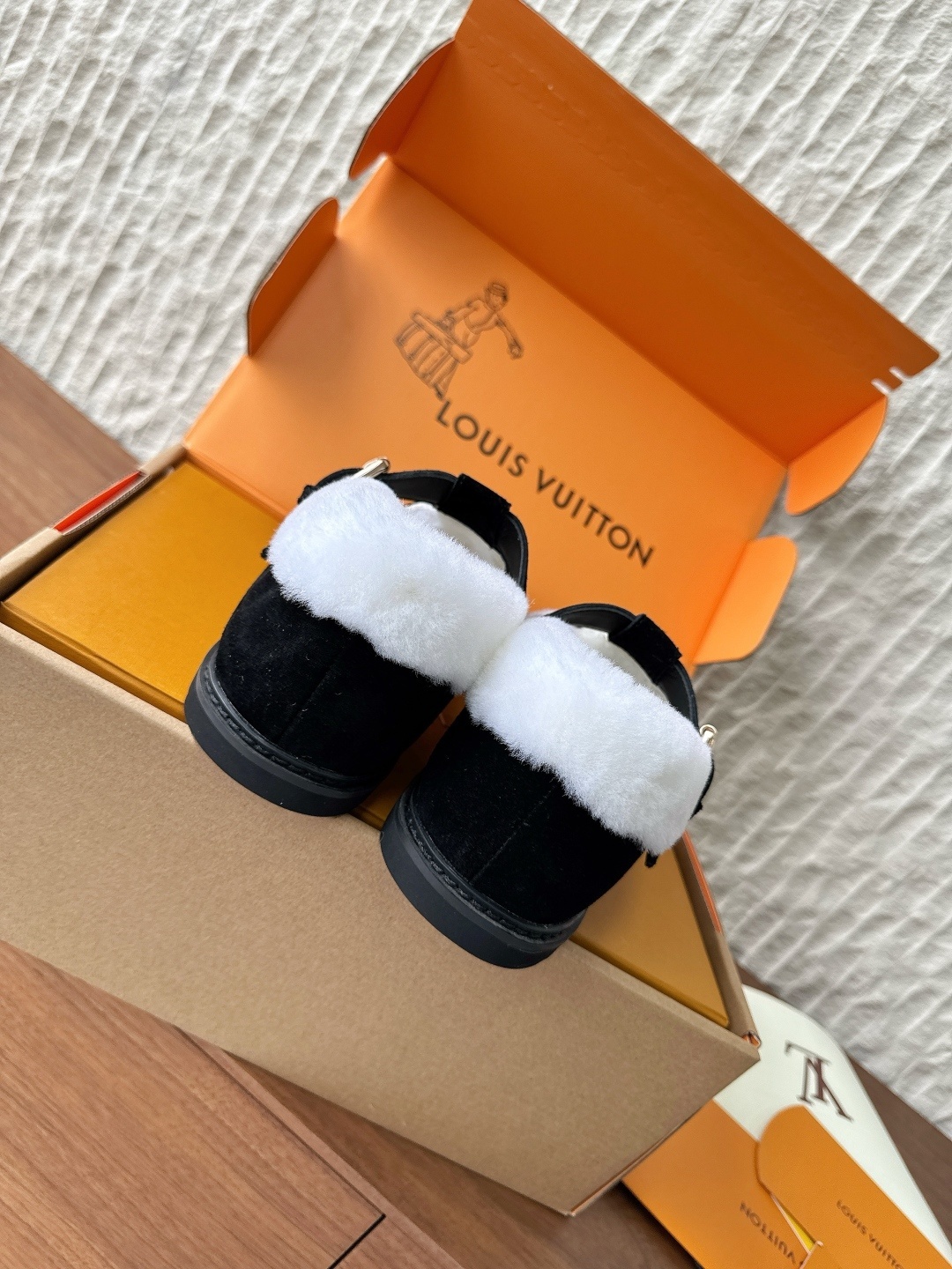 Louis Vuitton Black Suede Shearling Mules with LV Logo