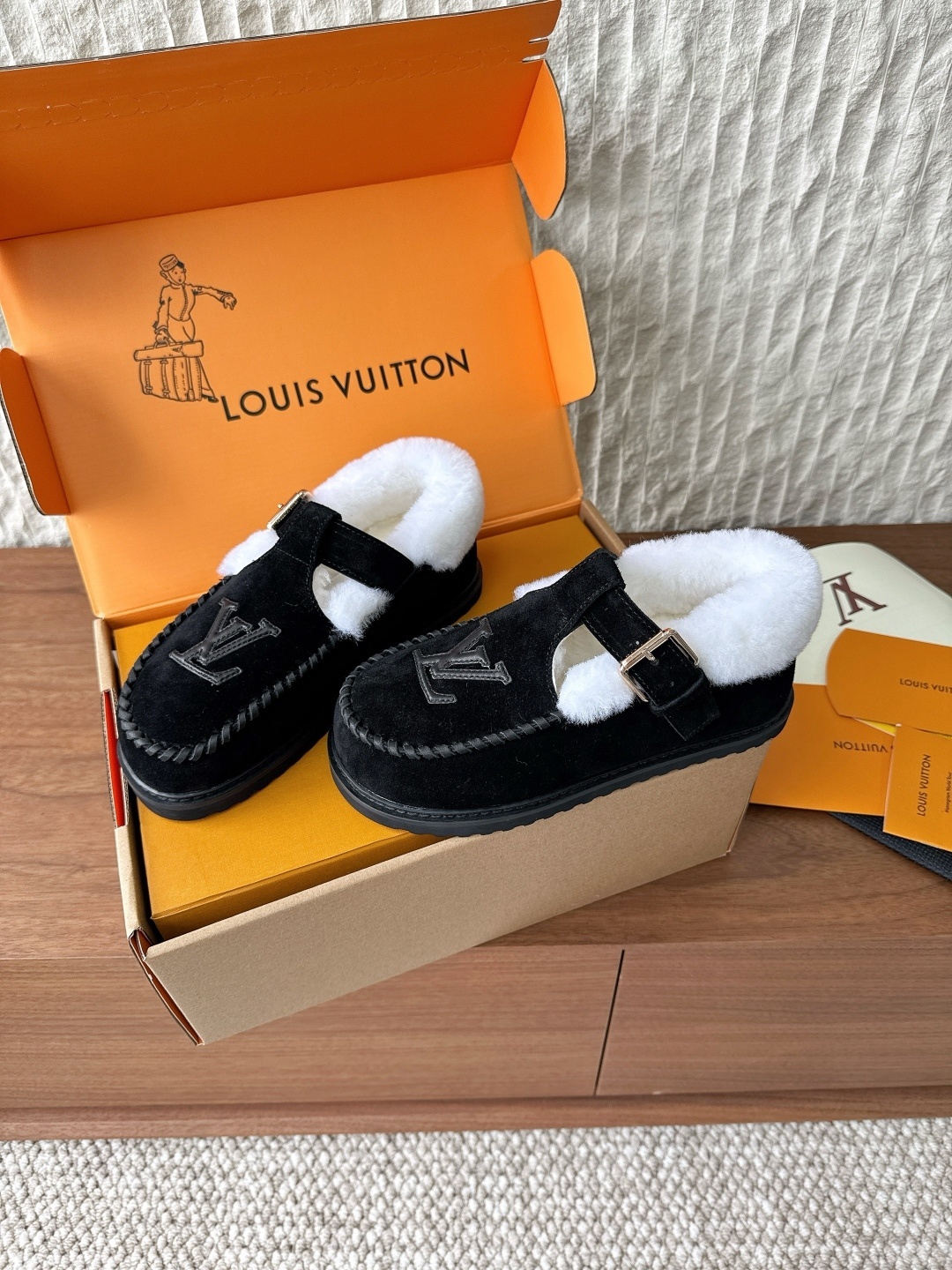 Louis Vuitton Black Suede Shearling Mules with LV Logo