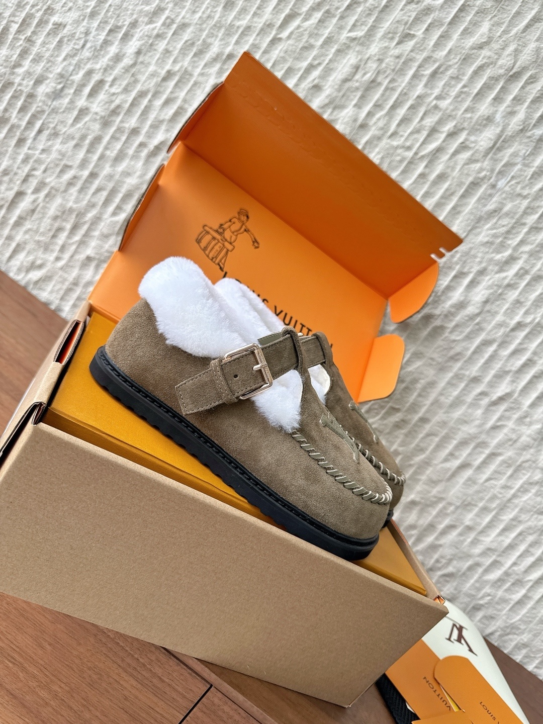 Louis Vuitton Paseo Flat Comfort Mule Suede Shearling Khaki