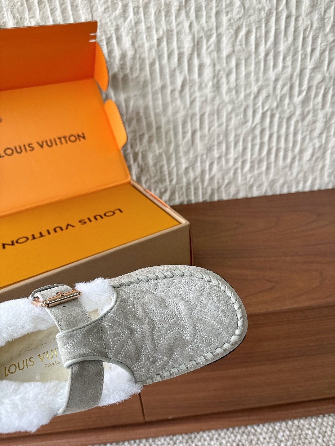 Louis Vuitton Monogram Embossed Shearling Mules - Beige Suede