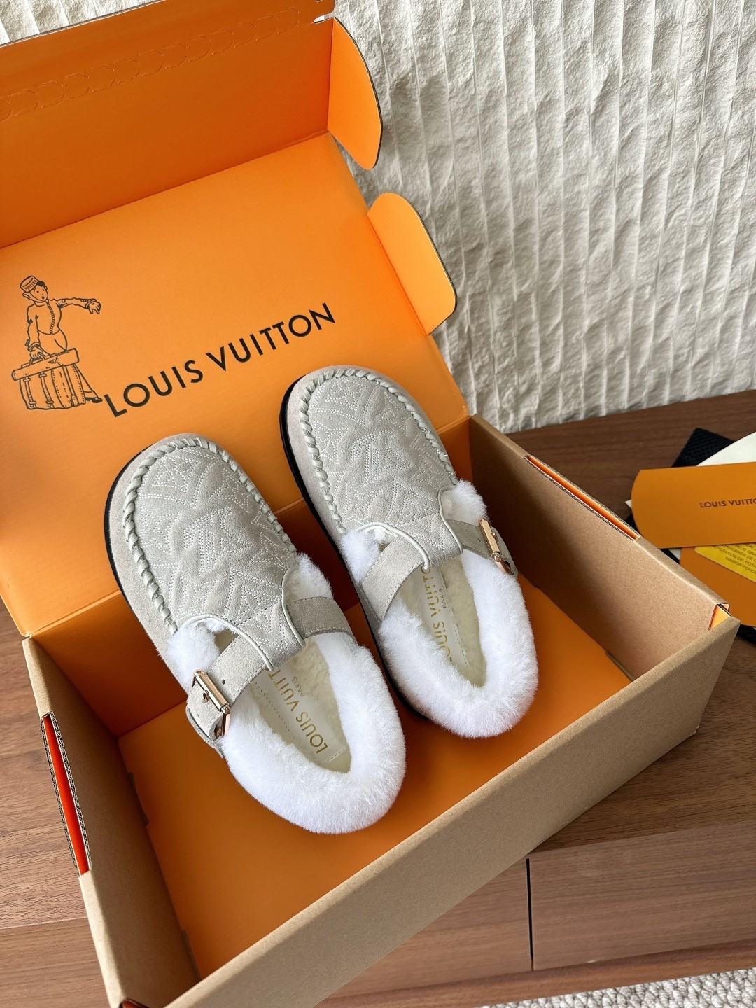 Louis Vuitton Monogram Embossed Shearling Mules - Beige Suede
