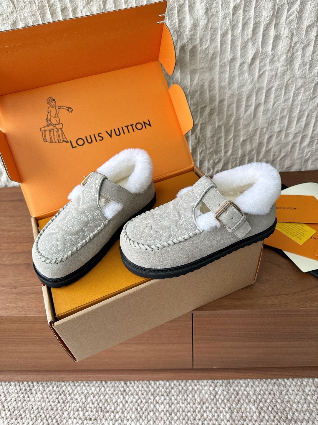 Louis Vuitton Monogram Embossed Shearling Mules - Beige Suede