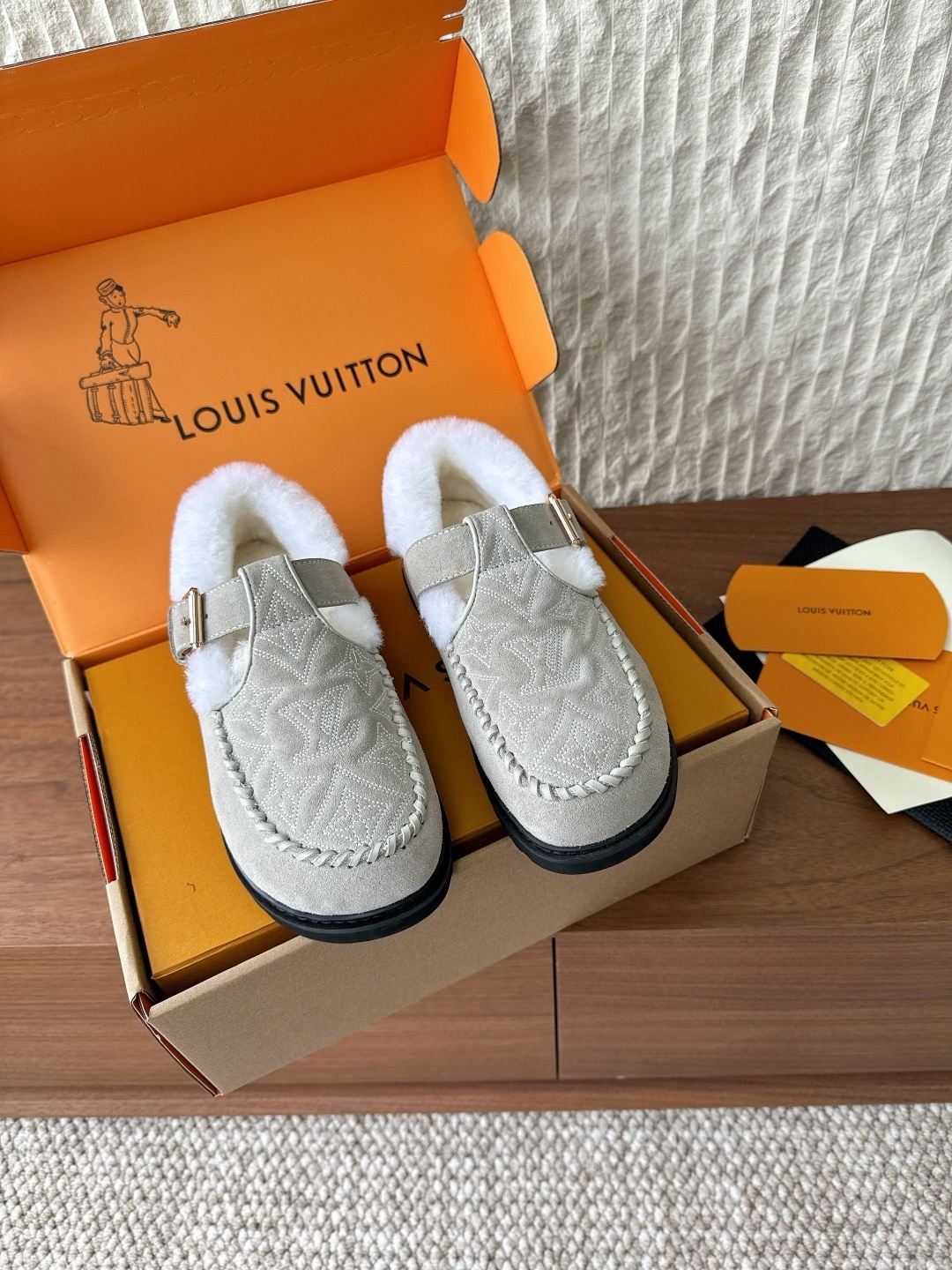 Louis Vuitton Monogram Embossed Shearling Mules – Beige Suede