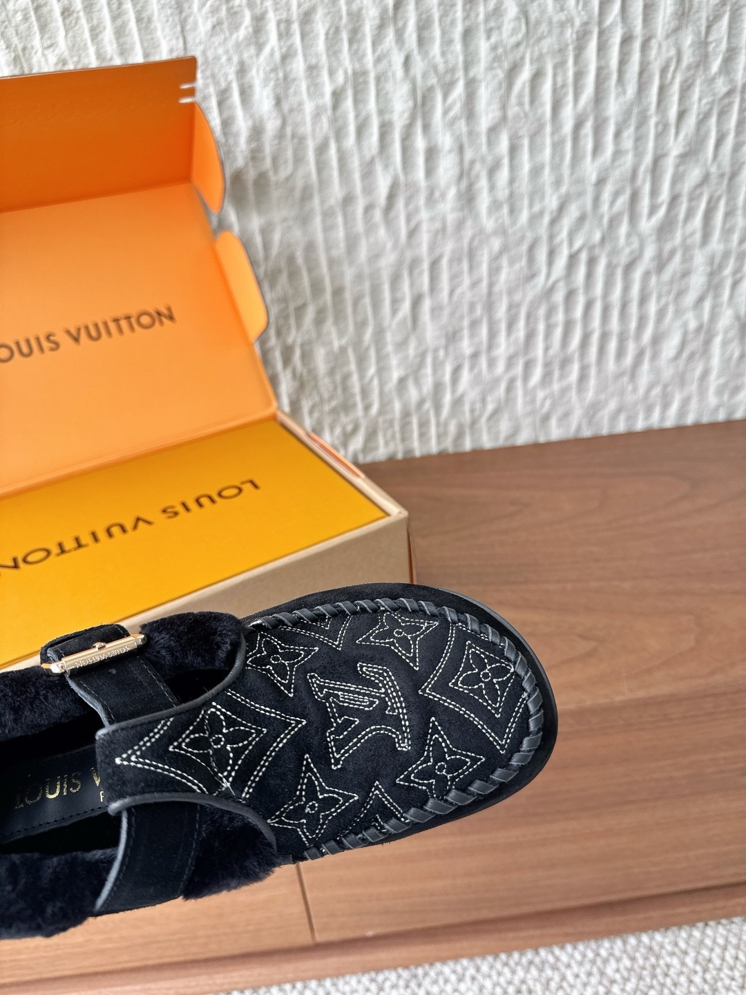 Louis Vuitton Black Suede Monogram Shearling Snow Loafers