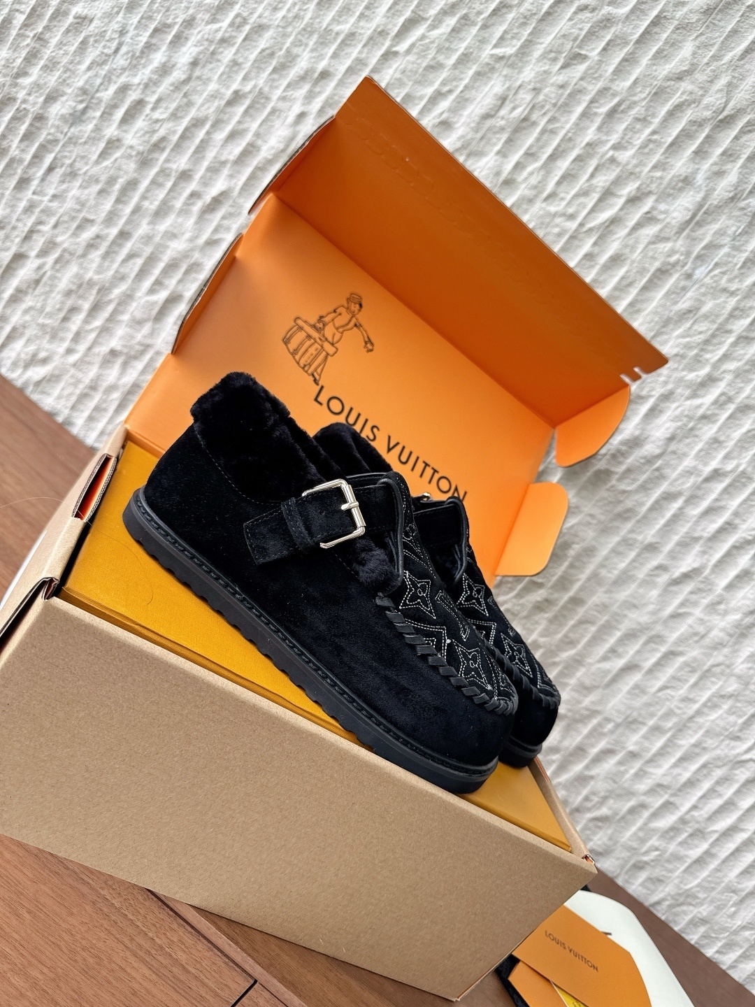 Louis Vuitton Black Suede Monogram Shearling Snow Loafers