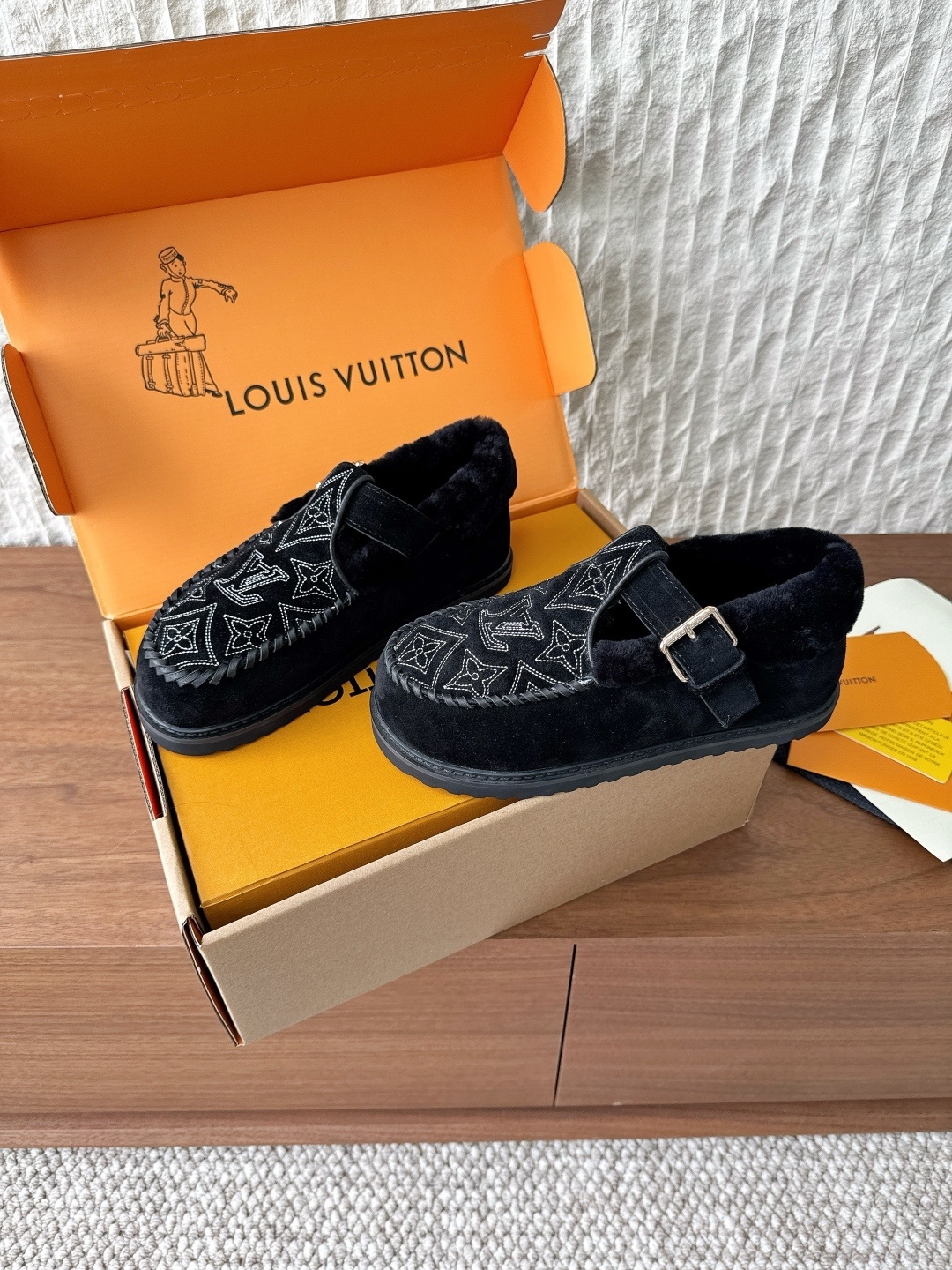 Louis Vuitton Black Suede Monogram Shearling Snow Loafers