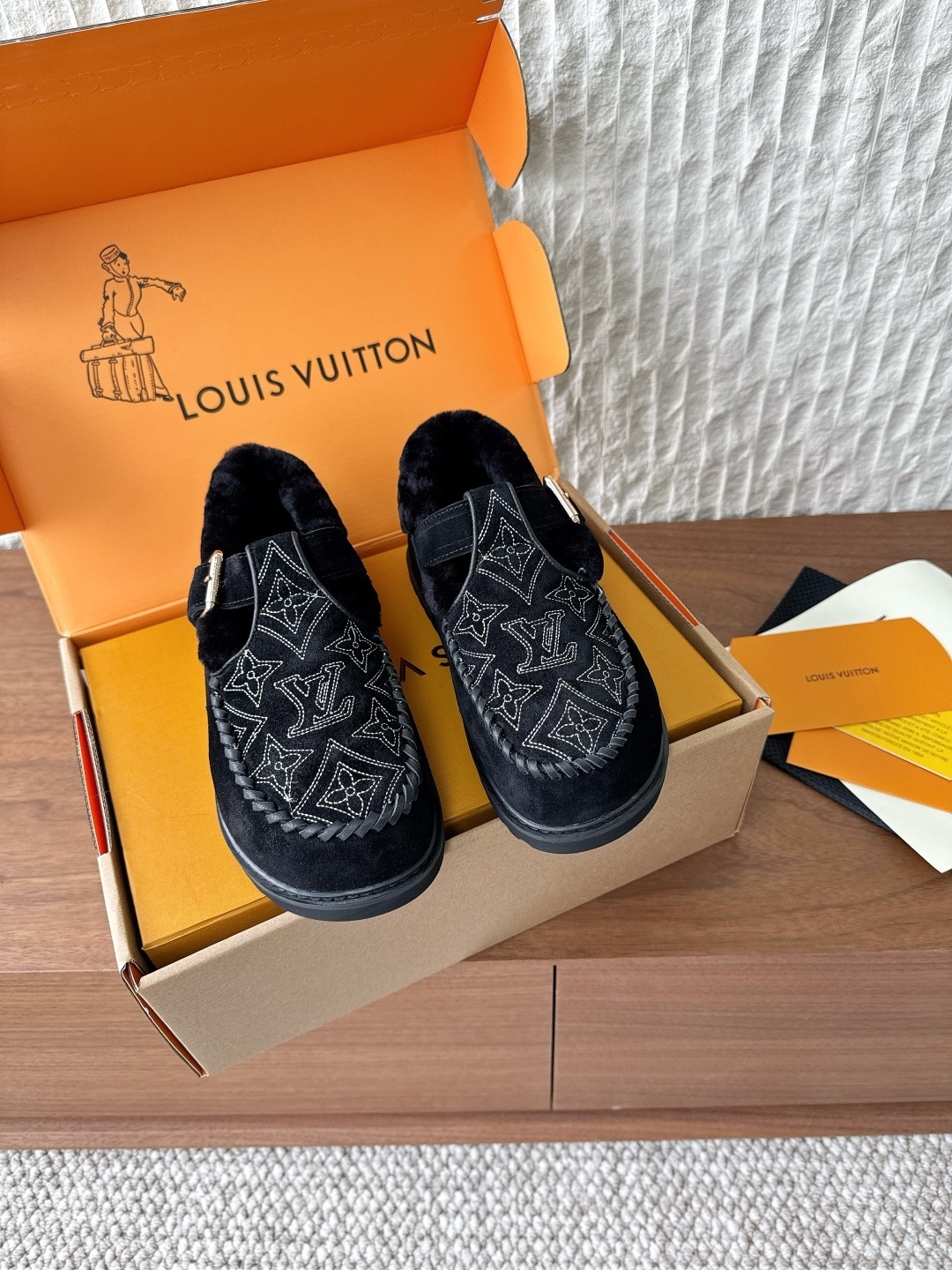 Louis Vuitton Black Suede Monogram Shearling Snow Loafers