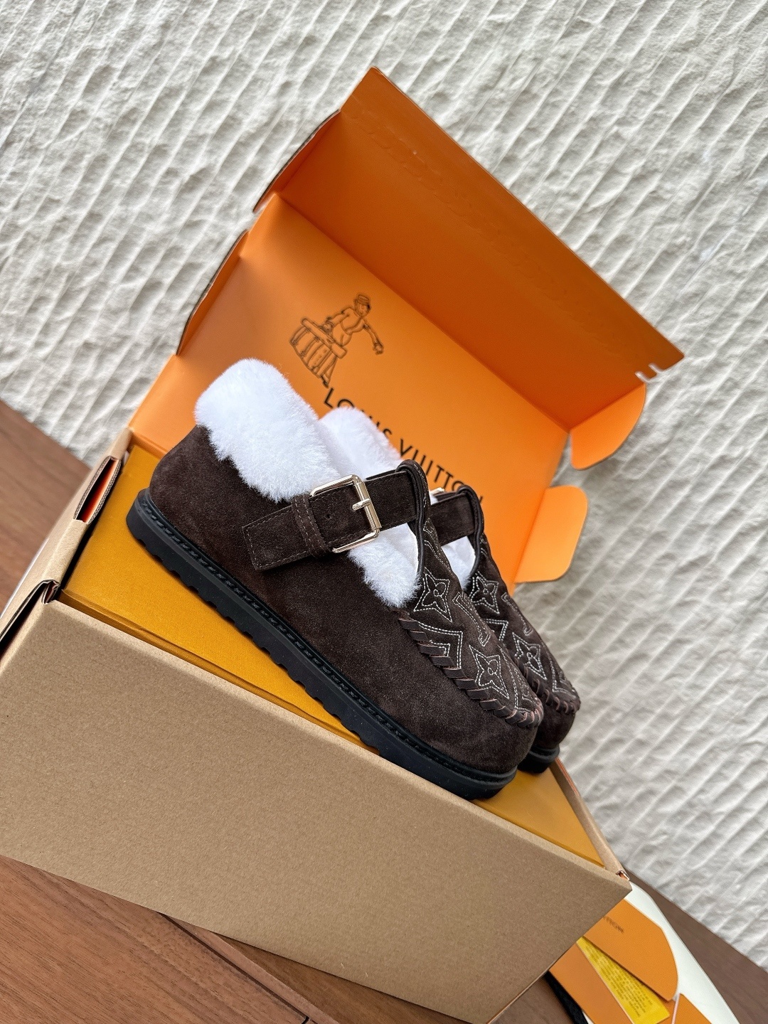 Louis Vuitton Brown Suede Monogram Loafers with Shearling Lining