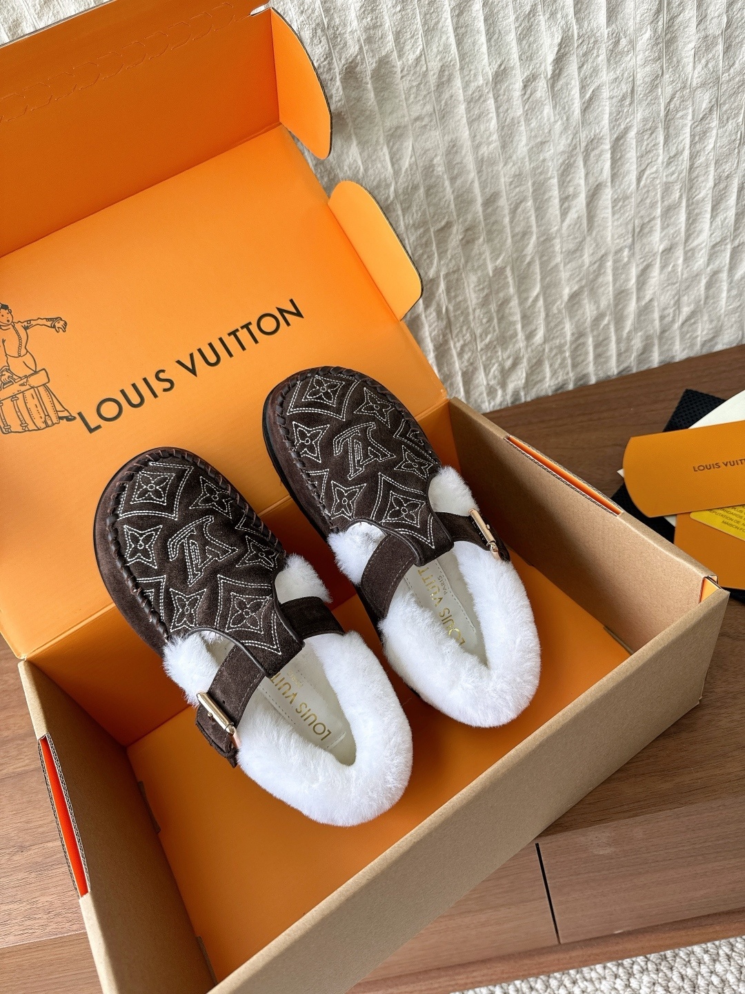 Louis Vuitton Brown Suede Monogram Loafers with Shearling Lining