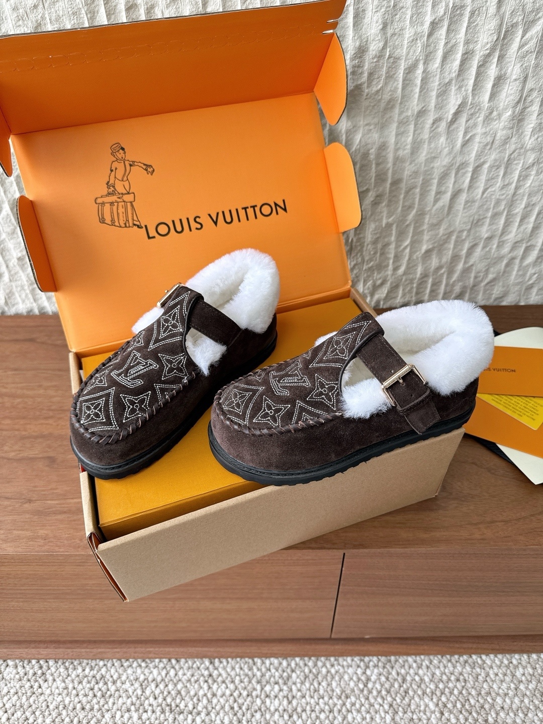 Louis Vuitton Brown Suede Monogram Loafers with Shearling Lining