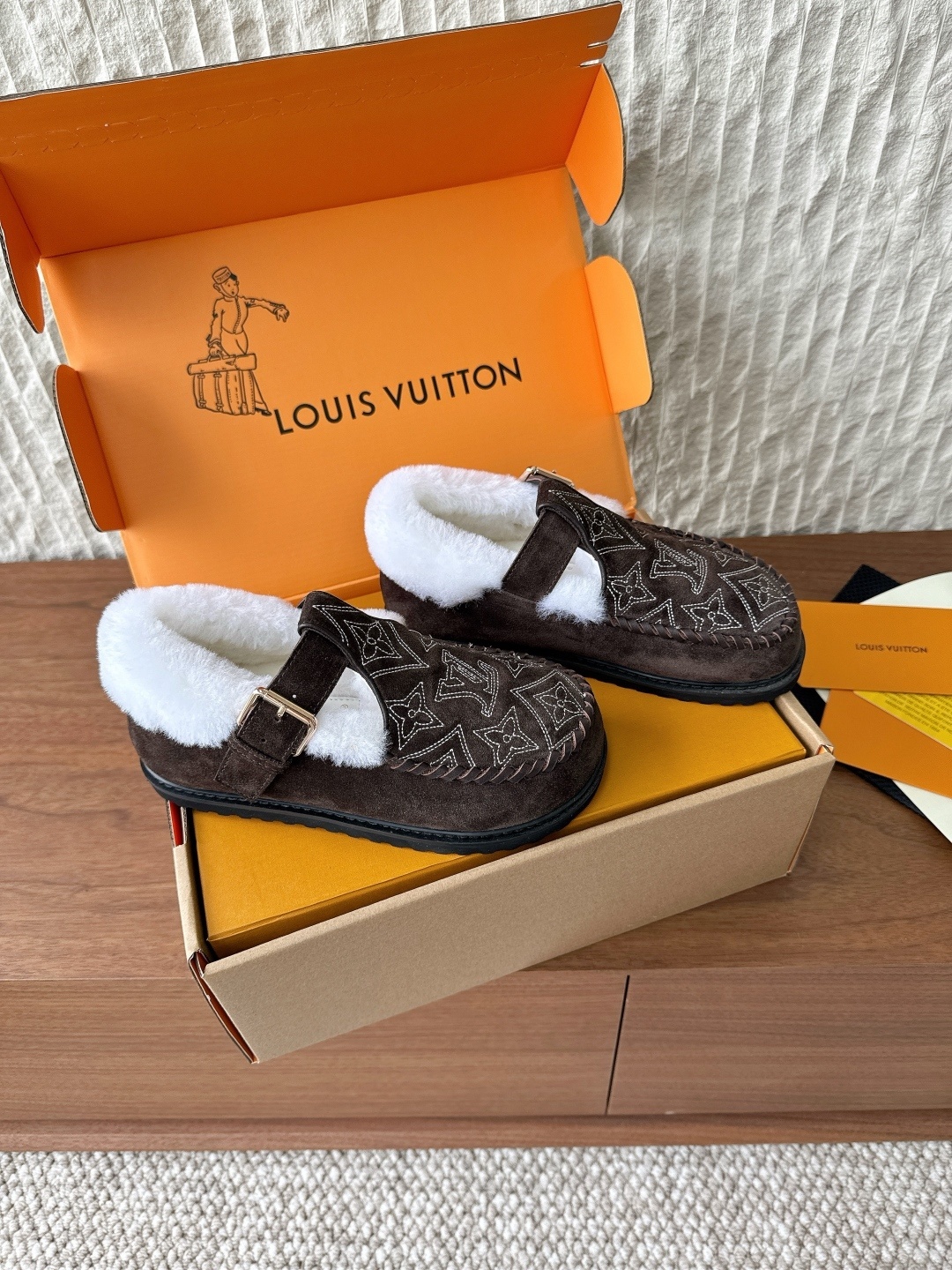 Louis Vuitton Brown Suede Monogram Loafers with Shearling Lining