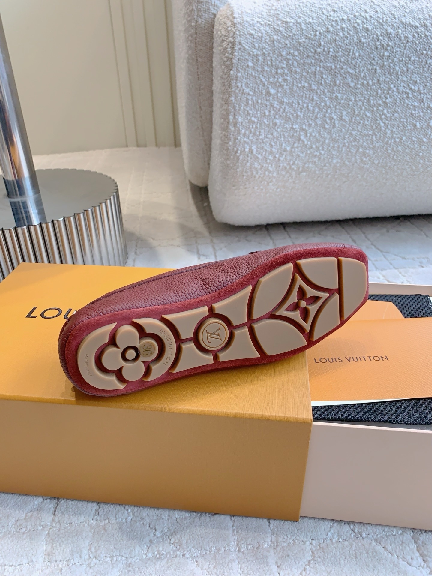 Louis Vuitton Burgundy Grained Leather Moccasin Loafers with Padlock