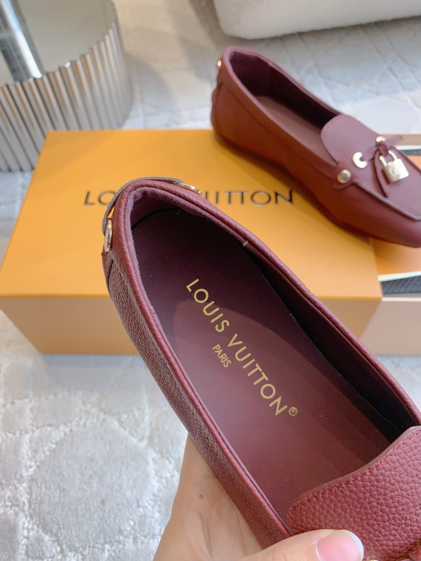 Louis Vuitton Burgundy Grained Leather Moccasin Loafers with Padlock