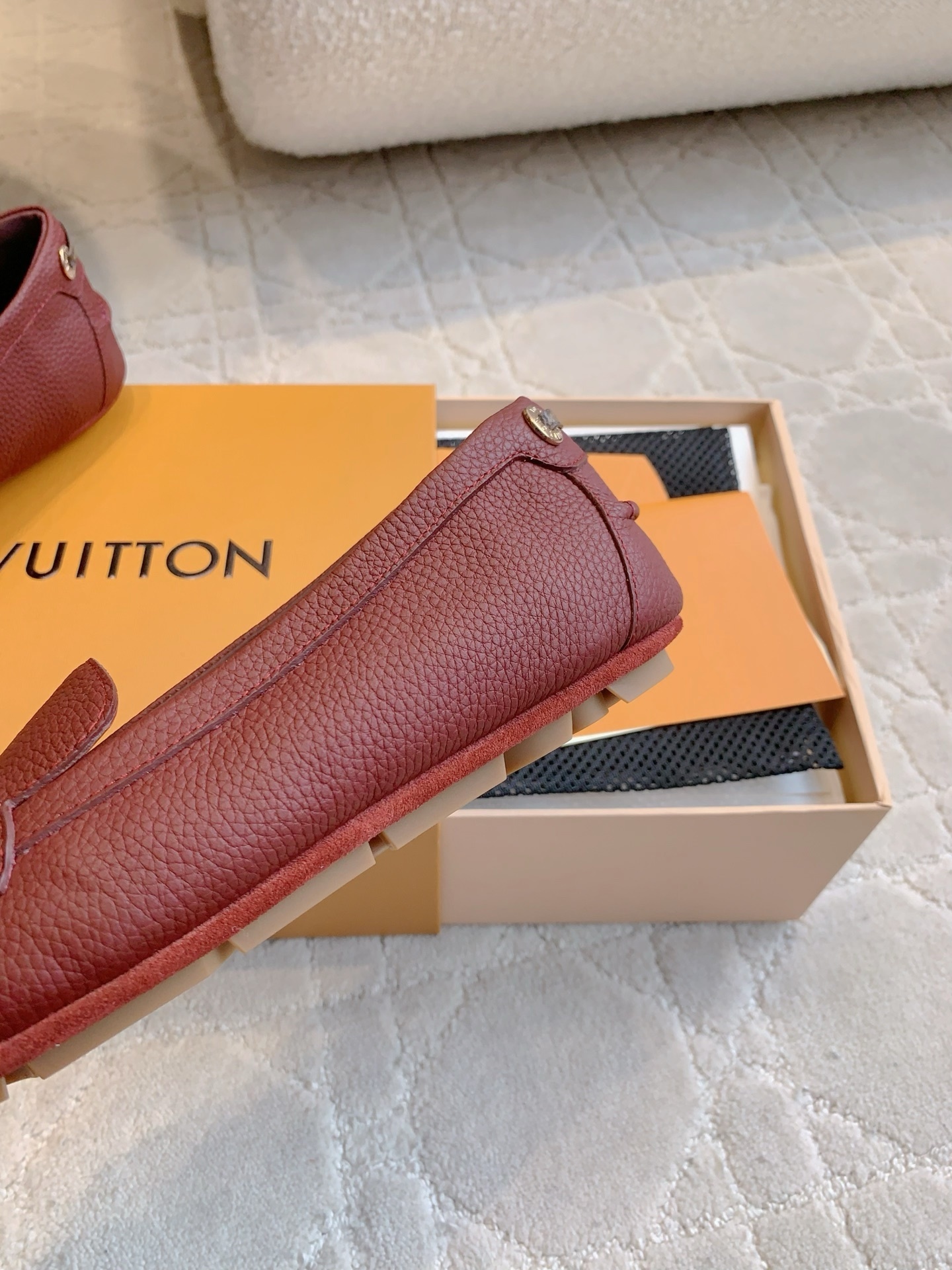 Louis Vuitton Burgundy Grained Leather Moccasin Loafers with Padlock