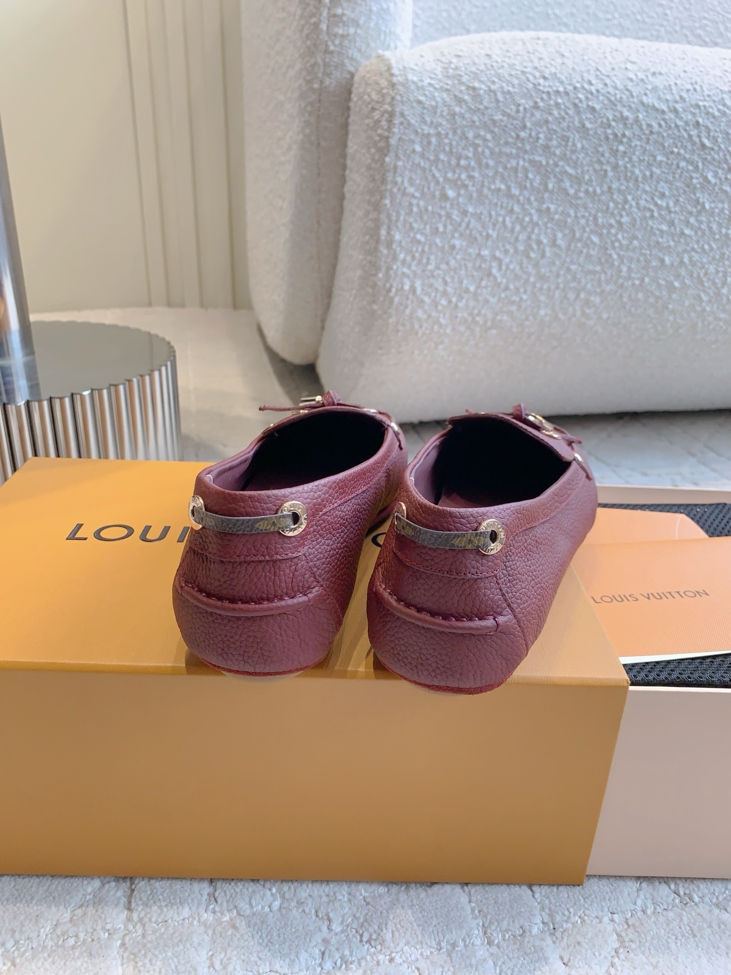 Louis Vuitton Burgundy Grained Leather Moccasin Loafers with Padlock