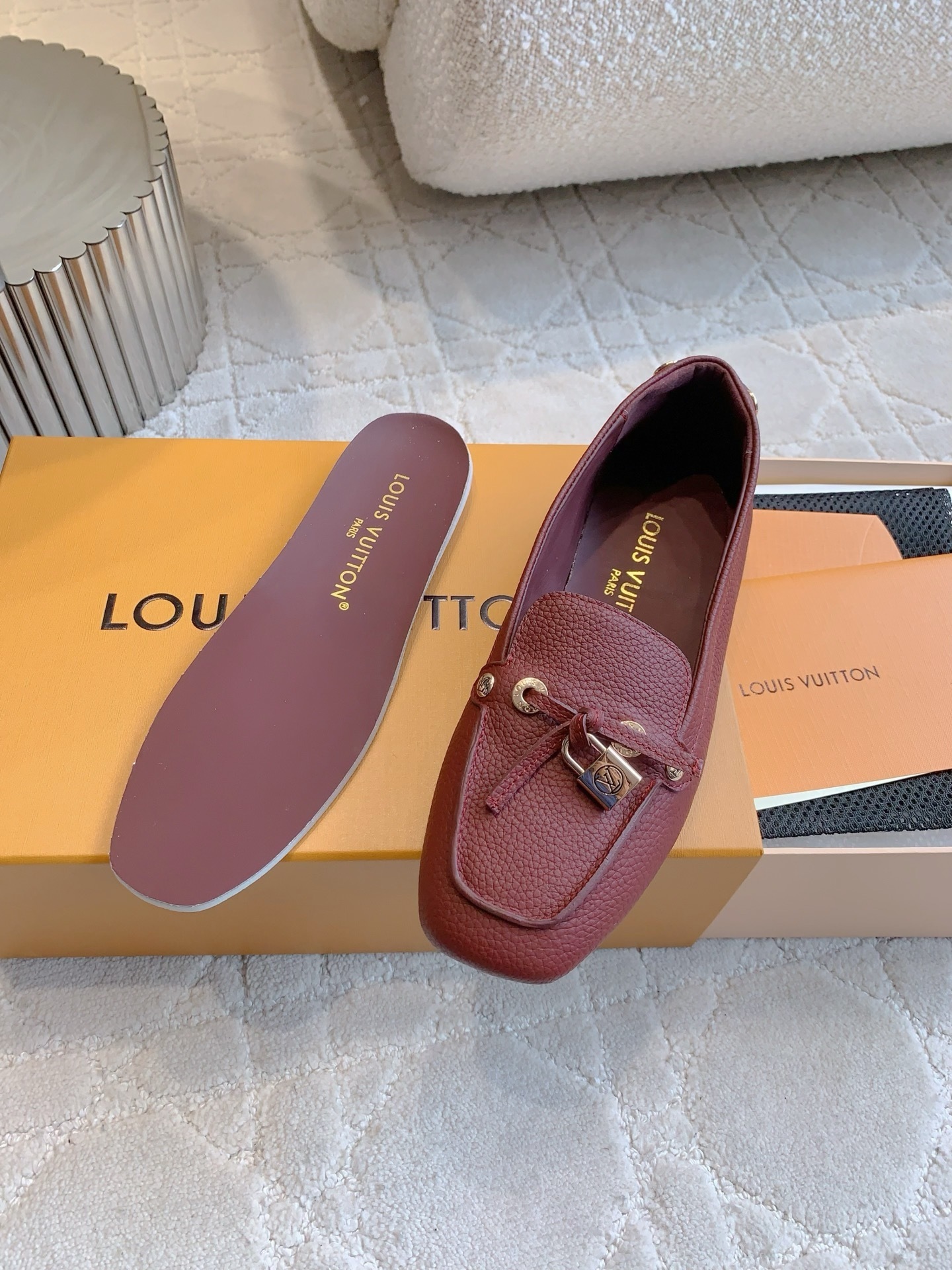 Louis Vuitton Burgundy Grained Leather Moccasin Loafers with Padlock