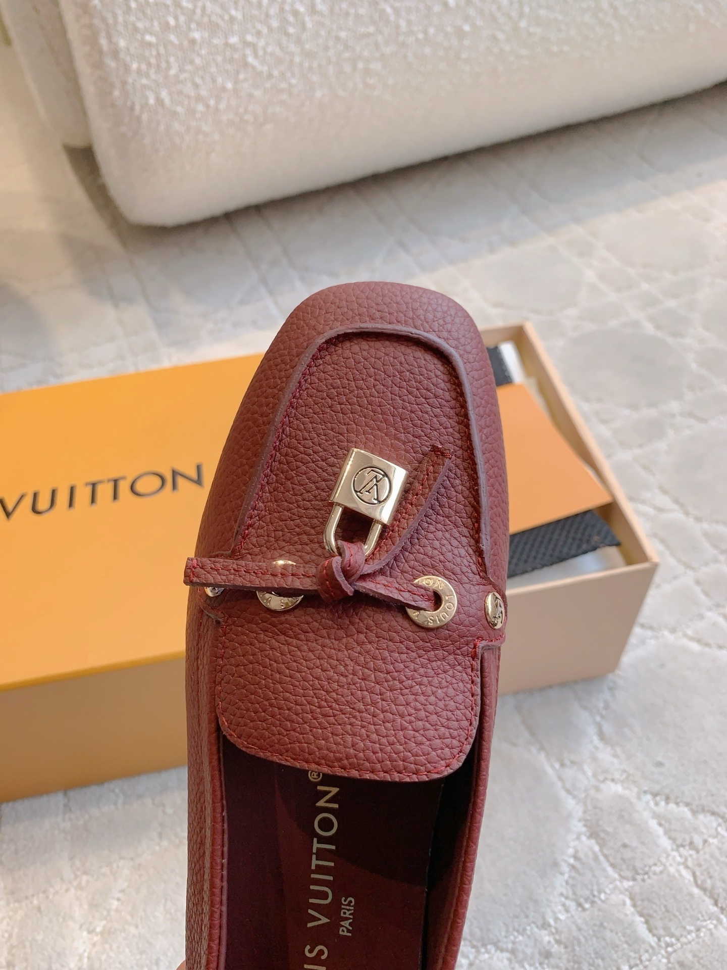 Louis Vuitton Burgundy Grained Leather Moccasin Loafers with Padlock
