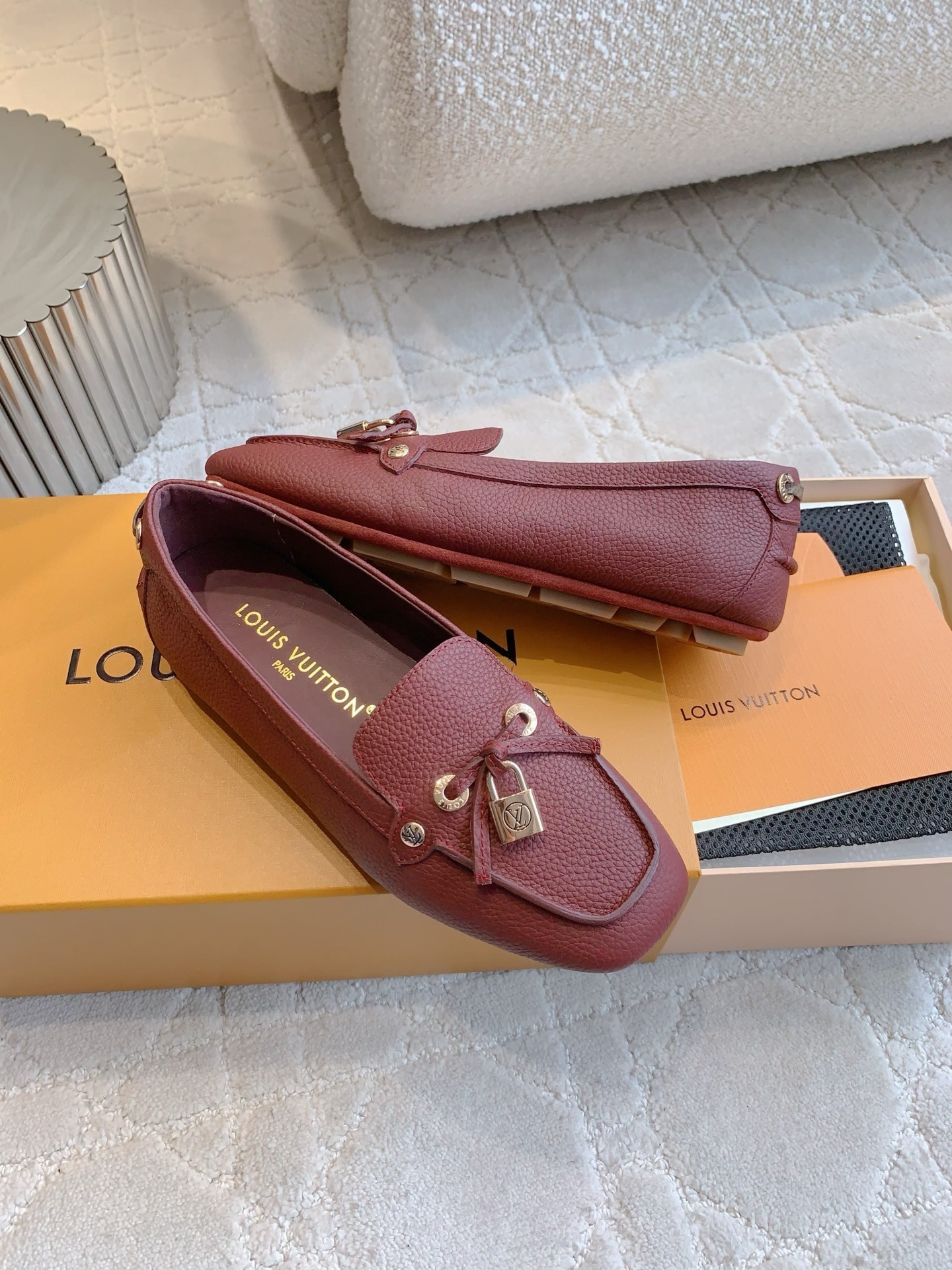 Louis Vuitton Burgundy Grained Leather Moccasin Loafers with Padlock