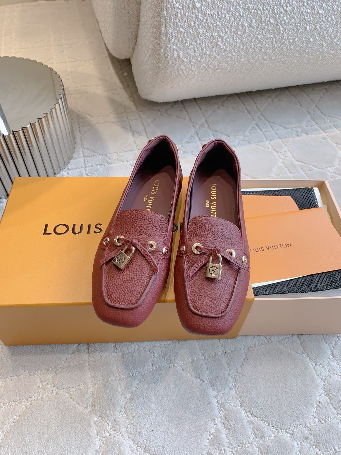 Louis Vuitton Burgundy Grained Leather Moccasin Loafers with Padlock